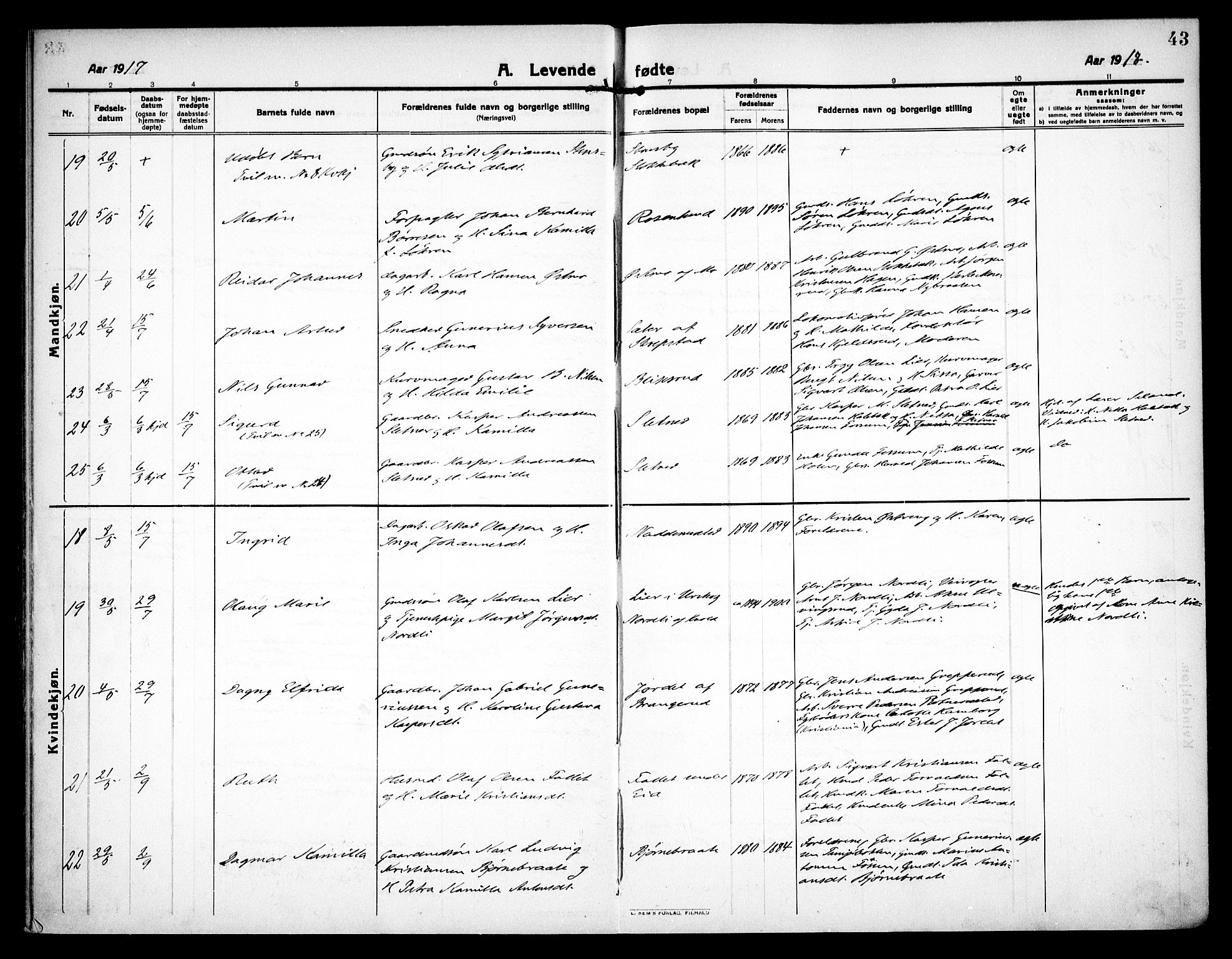 Høland prestekontor Kirkebøker, AV/SAO-A-10346a/F/Fa/L0016: Parish register (official) no. I 16, 1912-1921, p. 43