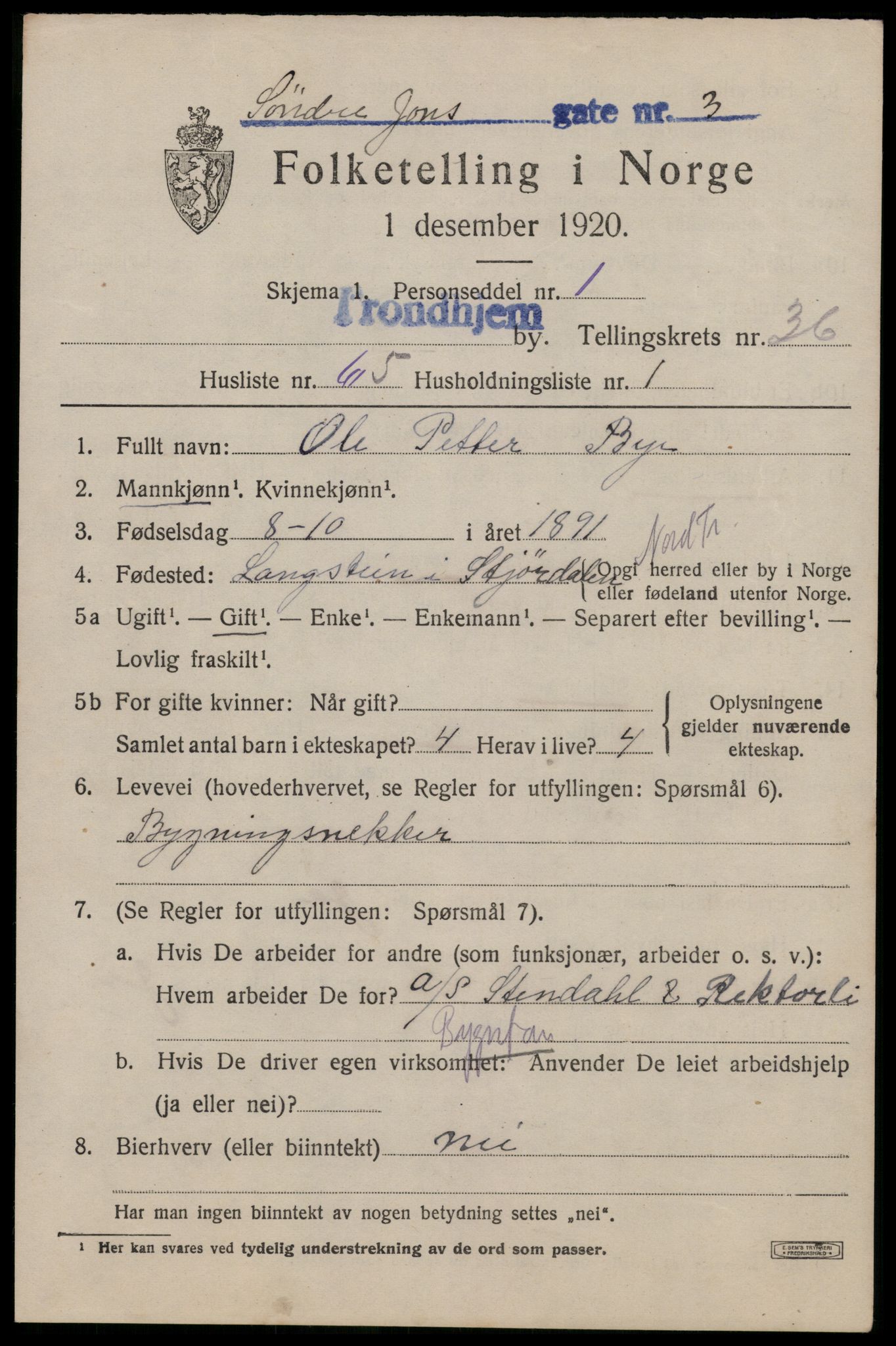 SAT, 1920 census for Trondheim, 1920, p. 84340