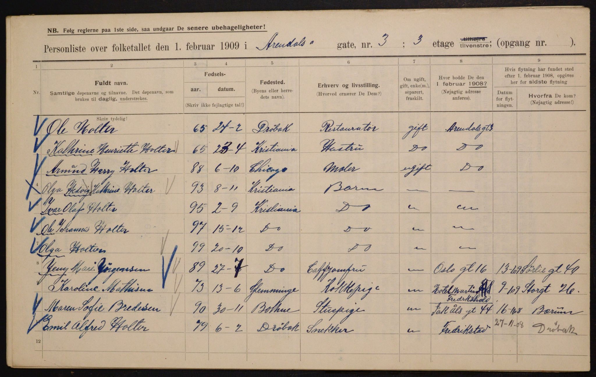 OBA, Municipal Census 1909 for Kristiania, 1909, p. 1866