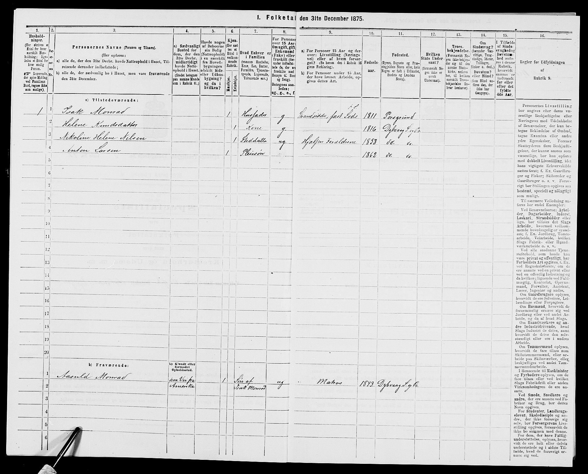 SAK, 1875 census for 0915P Dypvåg, 1875, p. 623