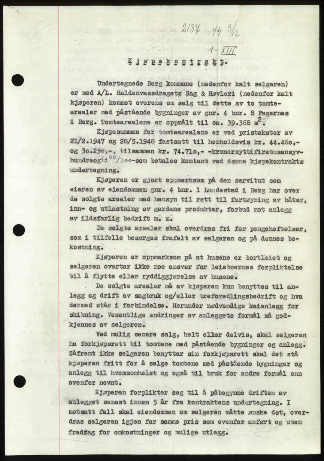 Idd og Marker sorenskriveri, AV/SAO-A-10283/G/Gb/Gbb/L0013: Mortgage book no. A13, 1949-1950, Diary no: : 2137/1949