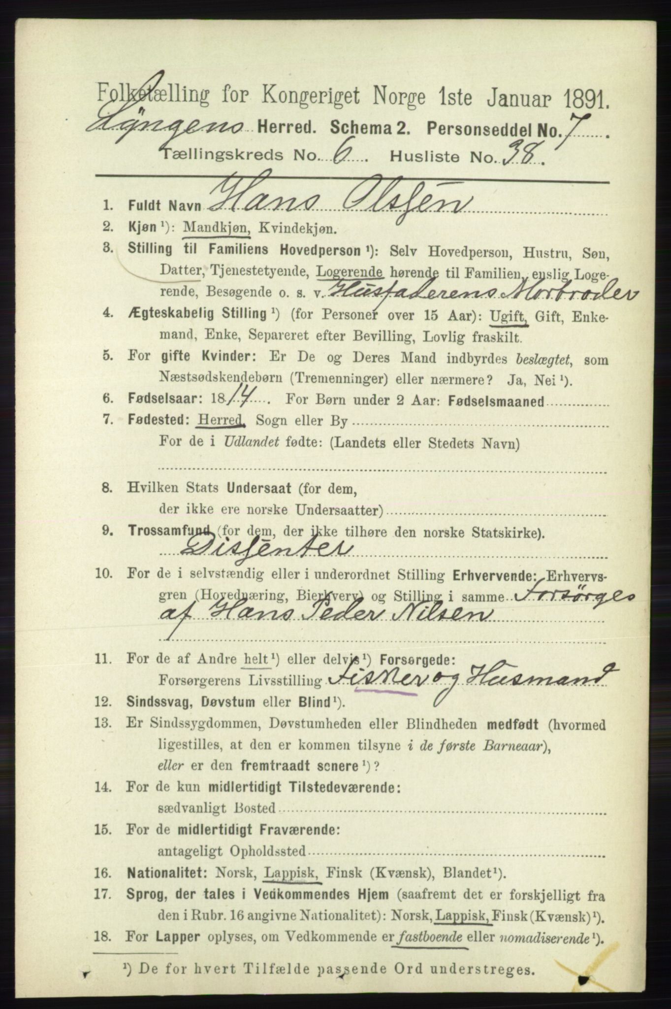 RA, 1891 census for 1938 Lyngen, 1891, p. 5537