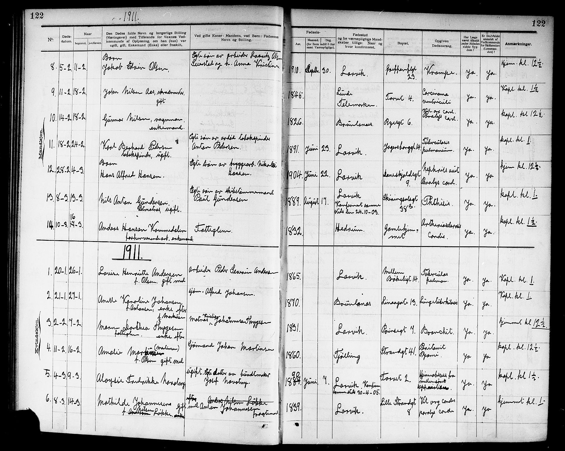 Larvik kirkebøker, SAKO/A-352/G/Ga/L0007: Parish register (copy) no. I 7, 1888-1918, p. 122