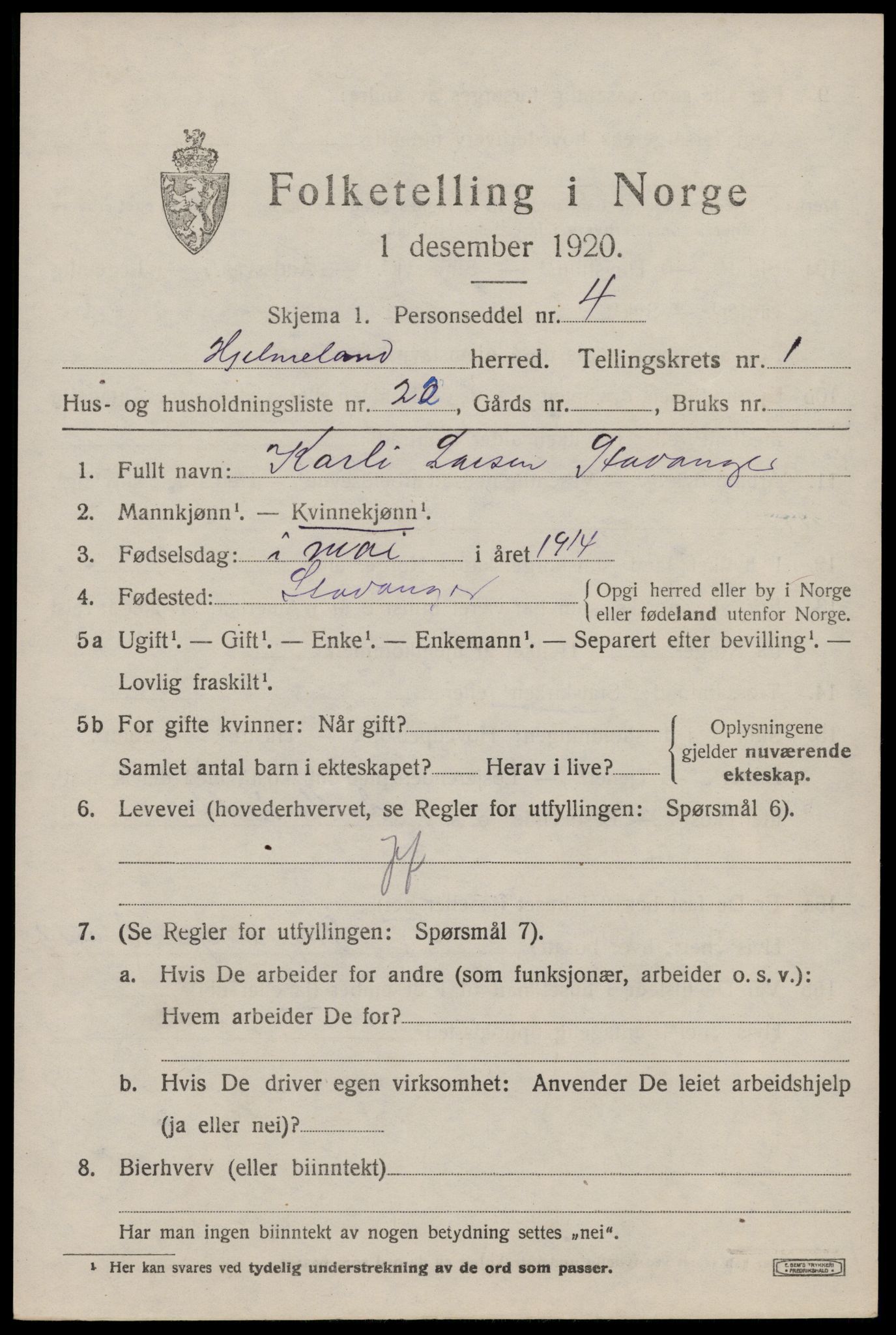 SAST, 1920 census for Hjelmeland, 1920, p. 1067