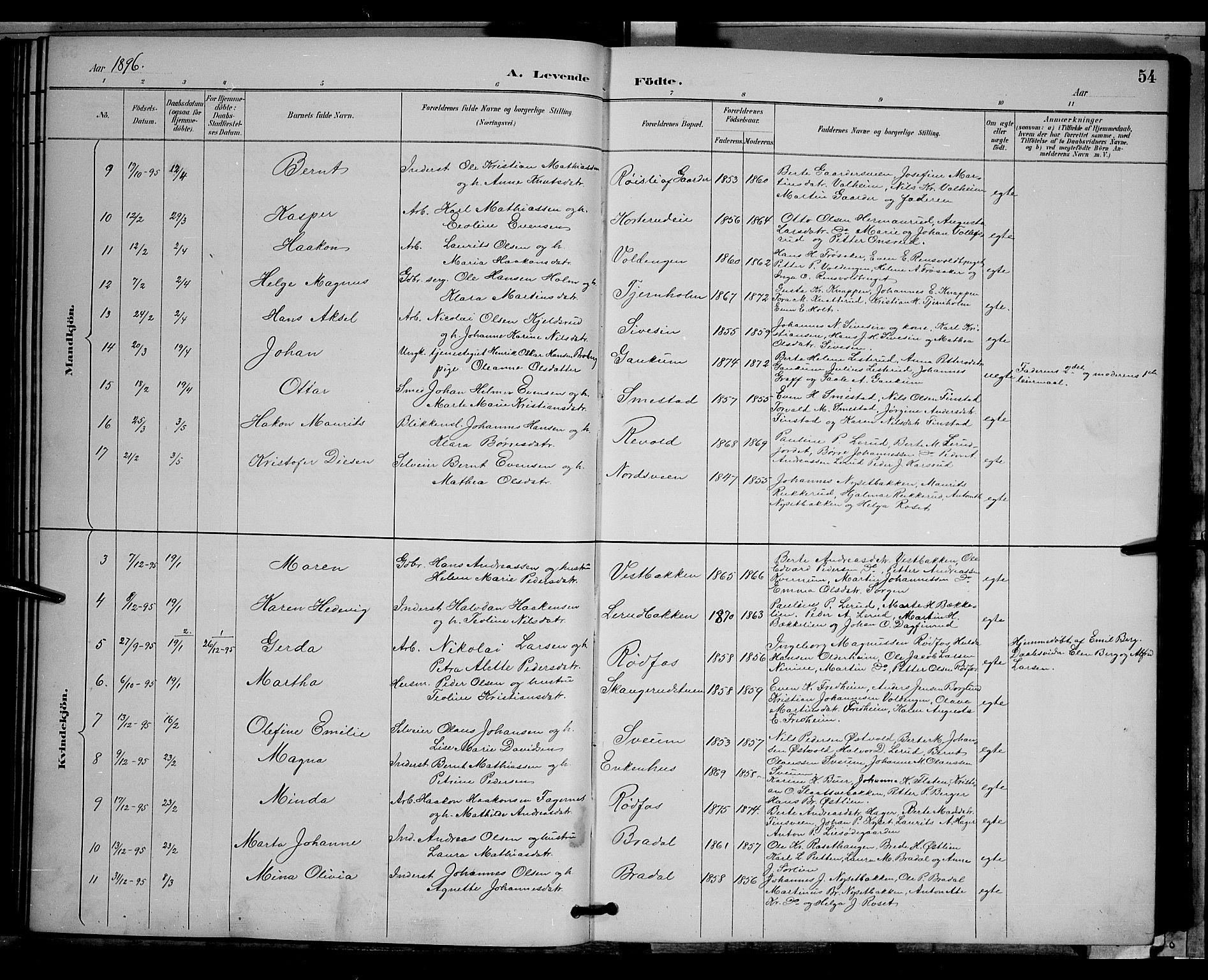 Vestre Toten prestekontor, SAH/PREST-108/H/Ha/Hab/L0009: Parish register (copy) no. 9, 1888-1900, p. 54