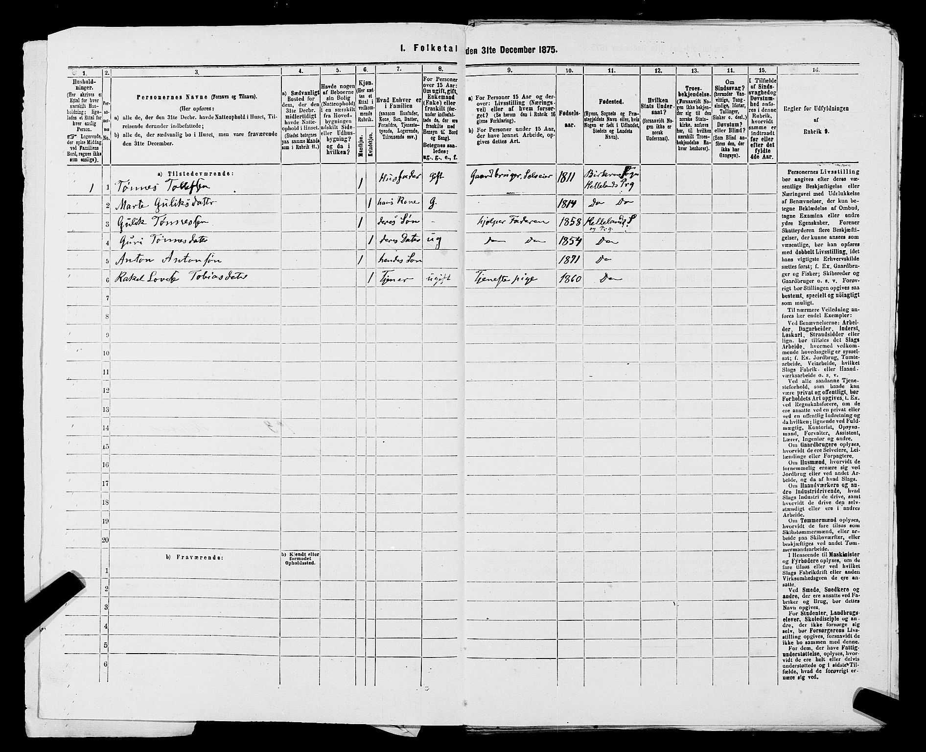 SAST, 1875 census for 1115P Helleland, 1875, p. 64