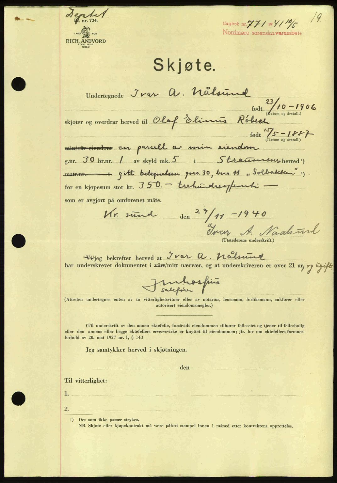 Nordmøre sorenskriveri, SAT/A-4132/1/2/2Ca: Mortgage book no. A90, 1941-1941, Diary no: : 771/1941