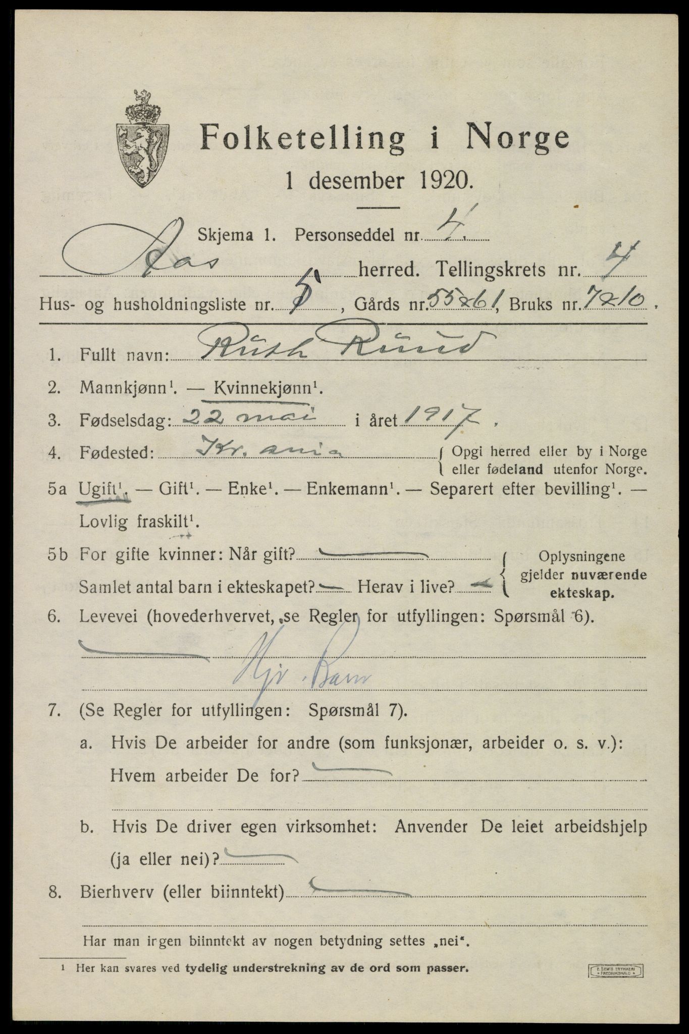 SAO, 1920 census for Ås, 1920, p. 4876