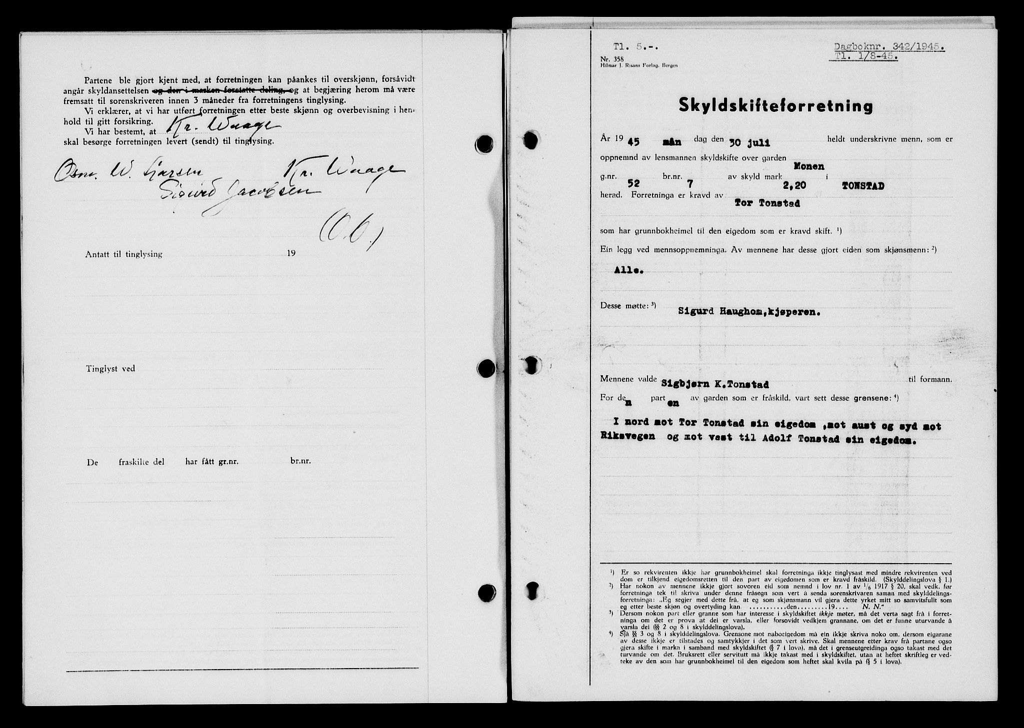 Flekkefjord sorenskriveri, SAK/1221-0001/G/Gb/Gba/L0059: Mortgage book no. A-7, 1944-1945, Diary no: : 342/1945
