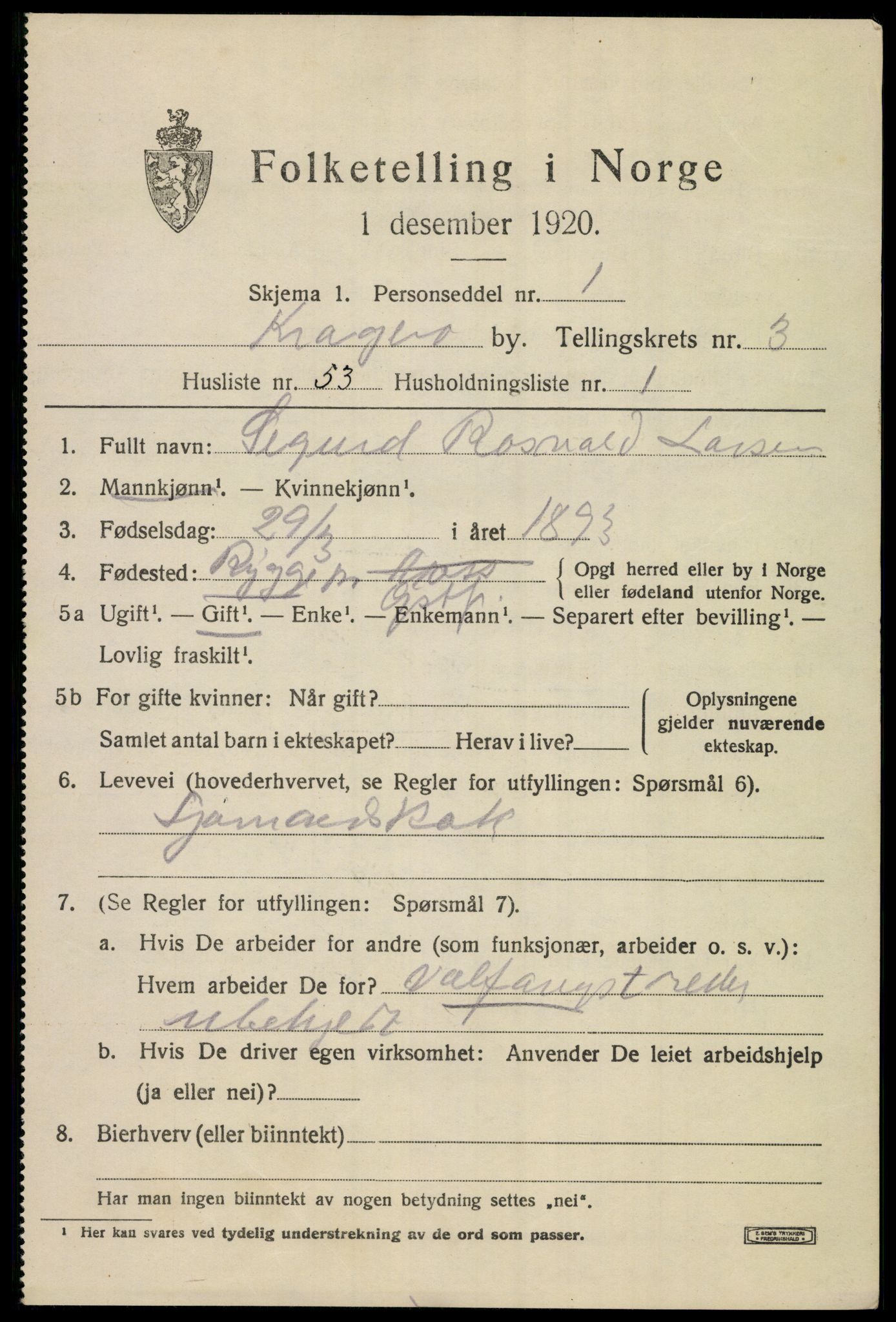 SAKO, 1920 census for Kragerø, 1920, p. 7679