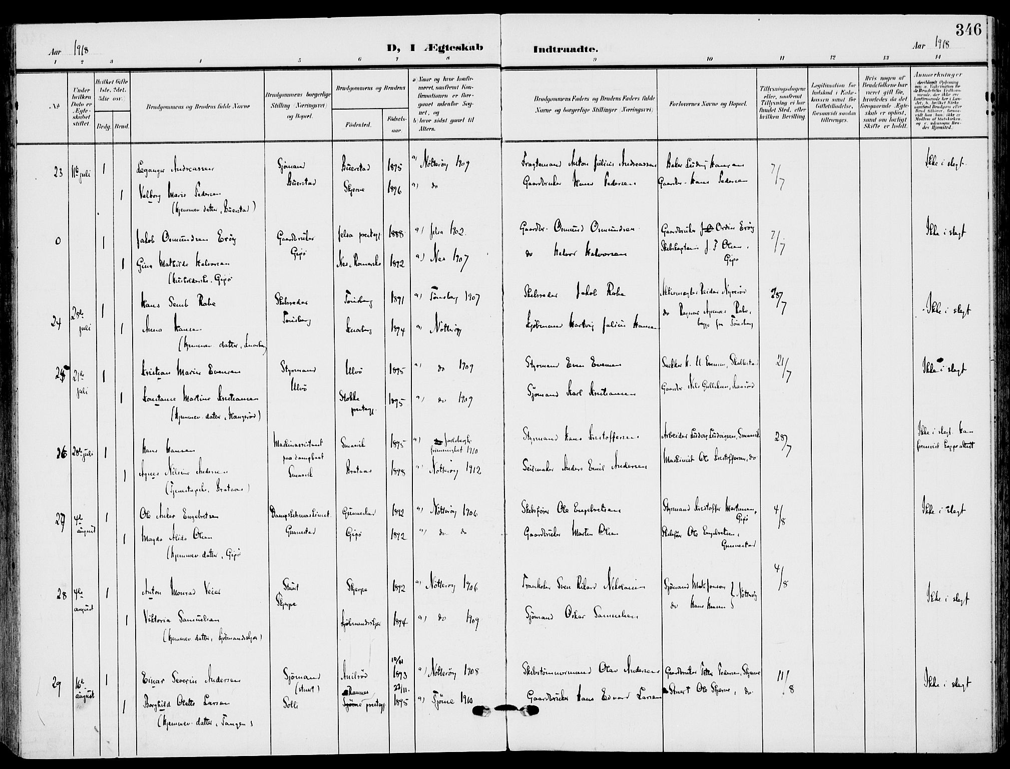 Nøtterøy kirkebøker, AV/SAKO-A-354/F/Fa/L0010: Parish register (official) no. I 10, 1908-1919, p. 346