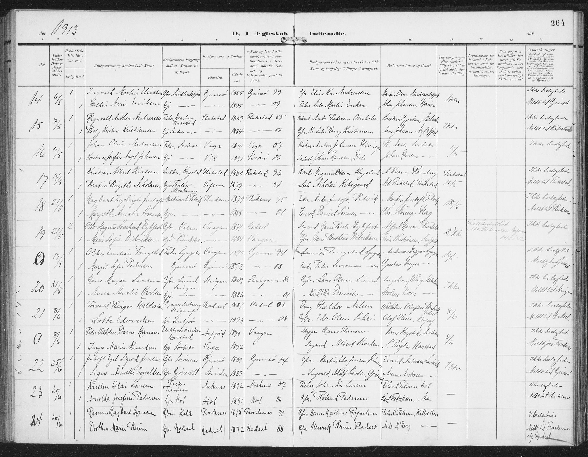 Ministerialprotokoller, klokkerbøker og fødselsregistre - Nordland, SAT/A-1459/874/L1063: Parish register (official) no. 874A07, 1907-1915, p. 264