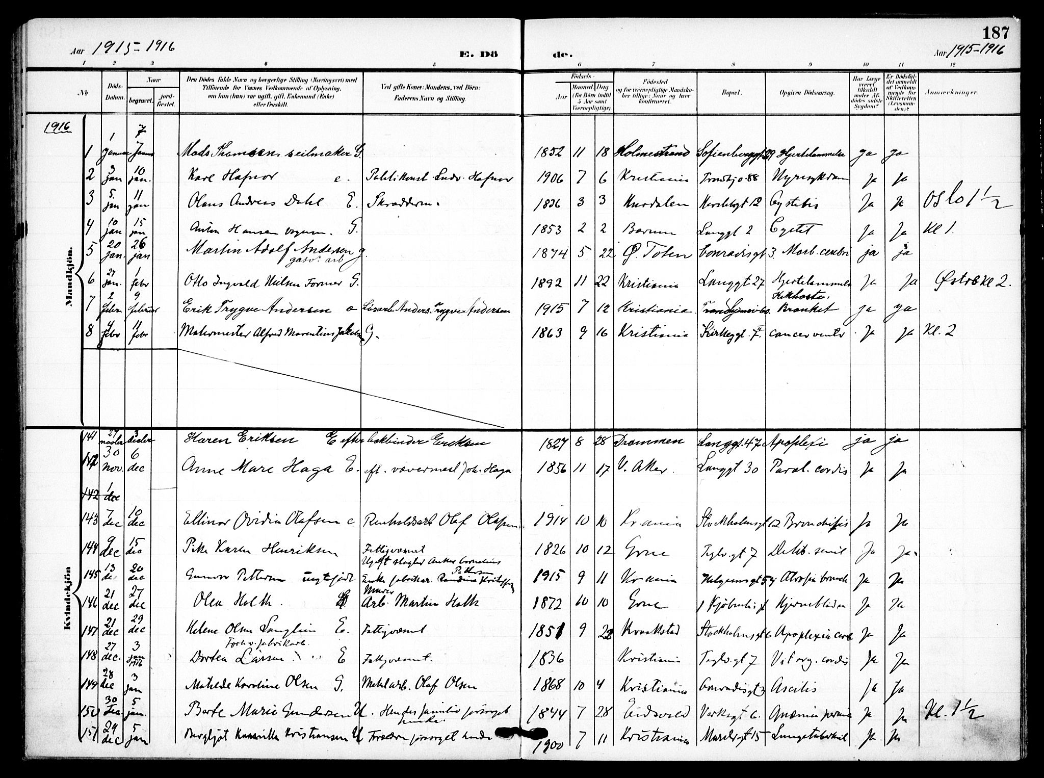 Petrus prestekontor Kirkebøker, SAO/A-10872/F/Fa/L0010: Parish register (official) no. 10, 1904-1916, p. 187