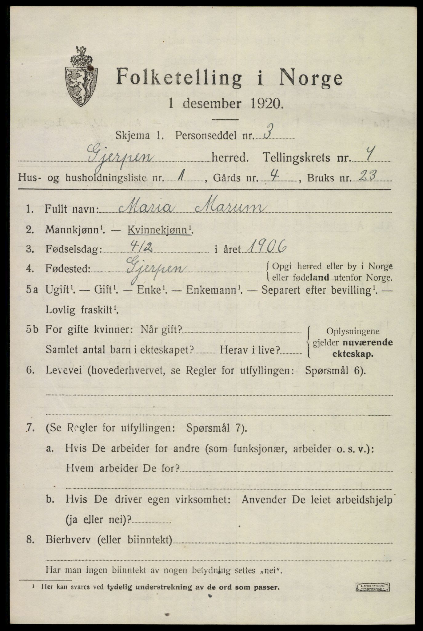 SAKO, 1920 census for Gjerpen, 1920, p. 7908