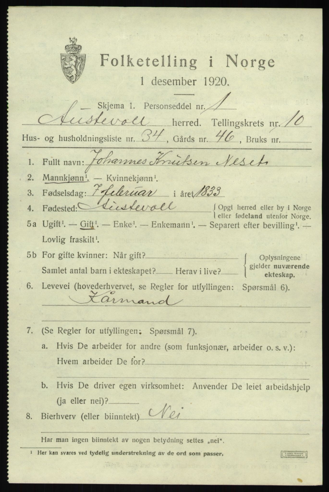 SAB, 1920 census for Austevoll, 1920, p. 6024