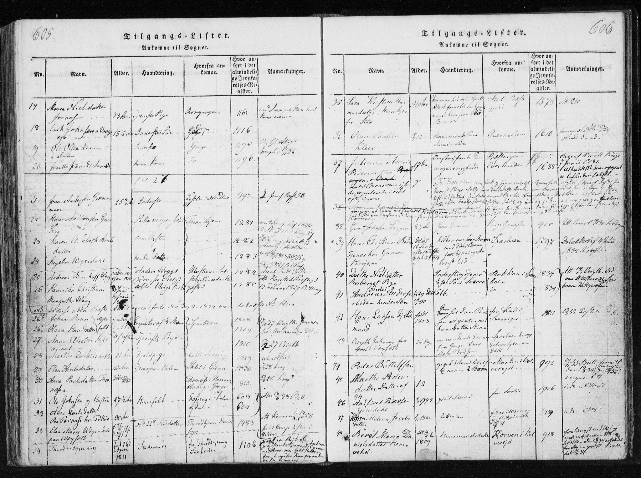 Ministerialprotokoller, klokkerbøker og fødselsregistre - Nord-Trøndelag, SAT/A-1458/749/L0469: Parish register (official) no. 749A03, 1817-1857, p. 605-606