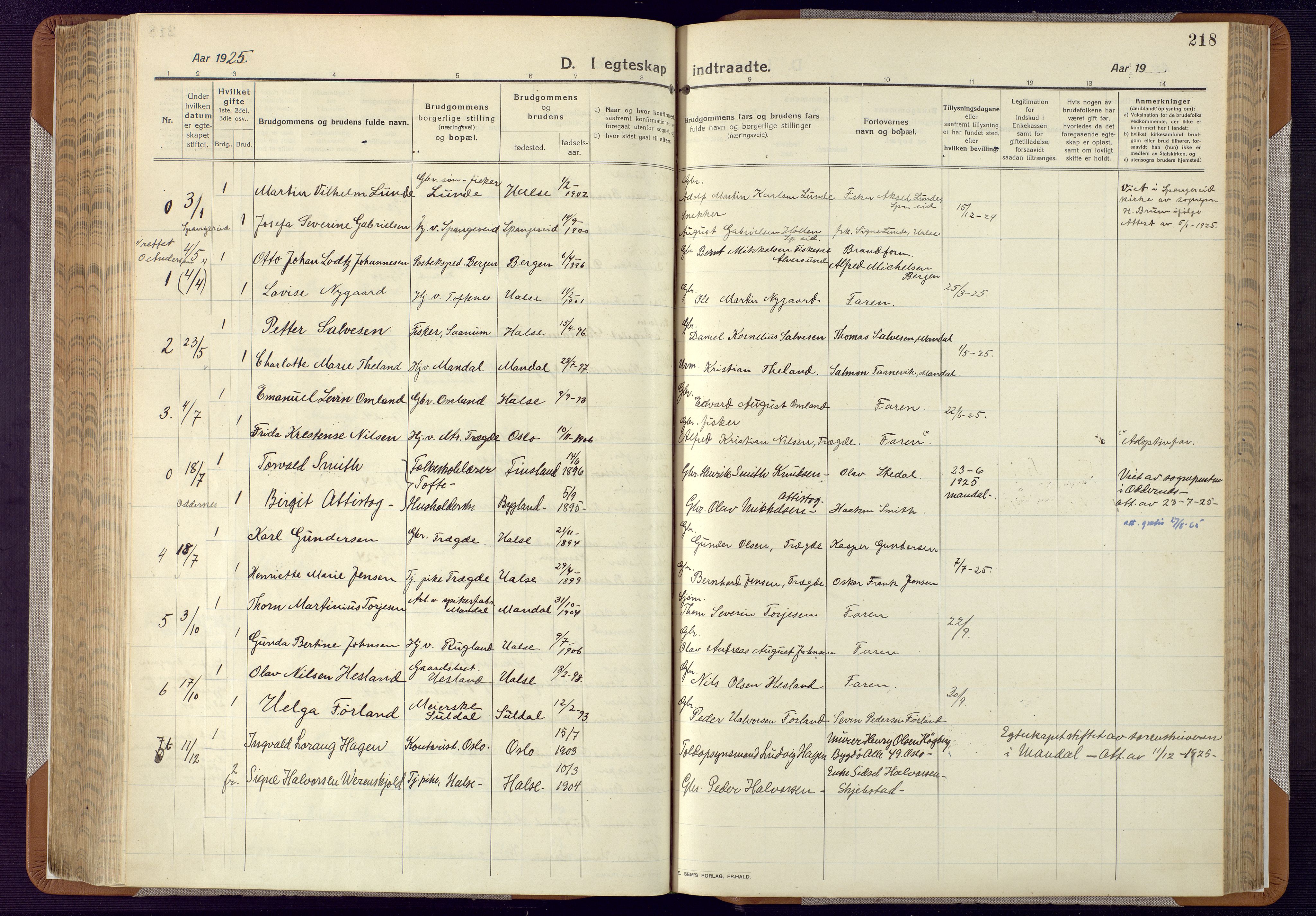 Mandal sokneprestkontor, SAK/1111-0030/F/Fa/Faa/L0022: Parish register (official) no. A 22, 1913-1925, p. 218