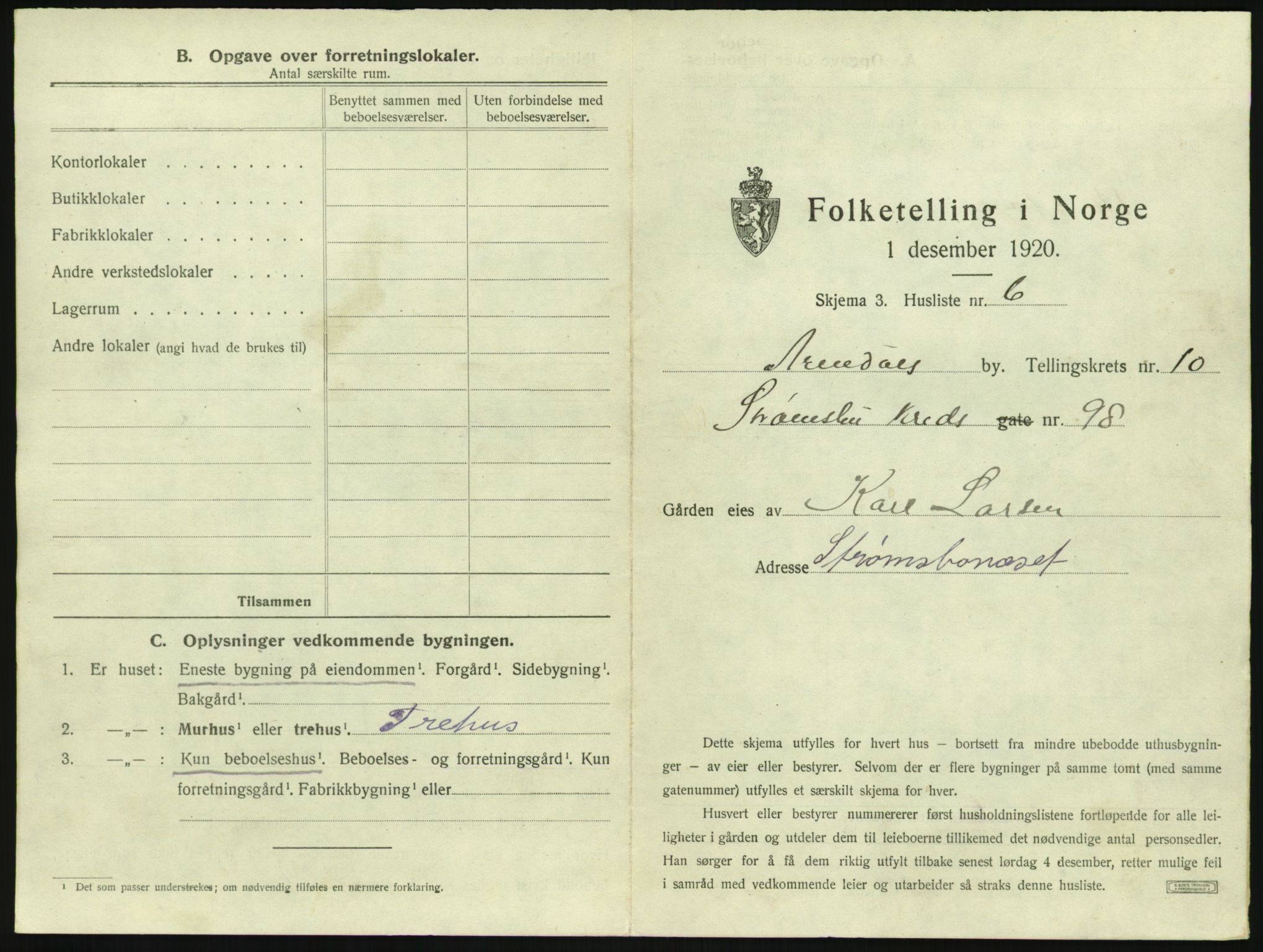 SAK, 1920 census for Arendal, 1920, p. 1298
