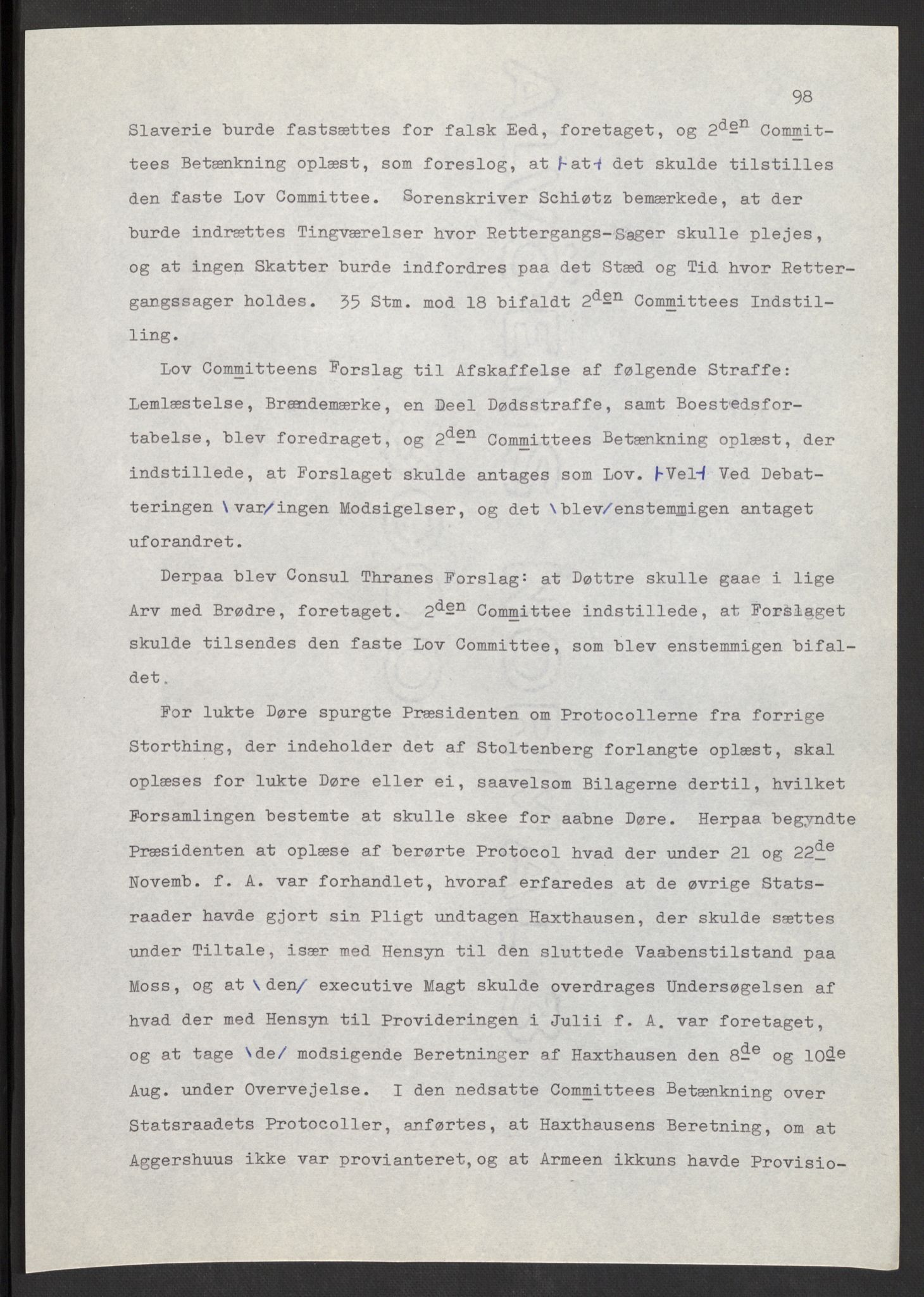 Manuskriptsamlingen, AV/RA-EA-3667/F/L0197: Wetlesen, Hans Jørgen (stortingsmann, ingeniørkaptein); Referat fra Stortinget 1815-1816, 1815-1816, p. 98