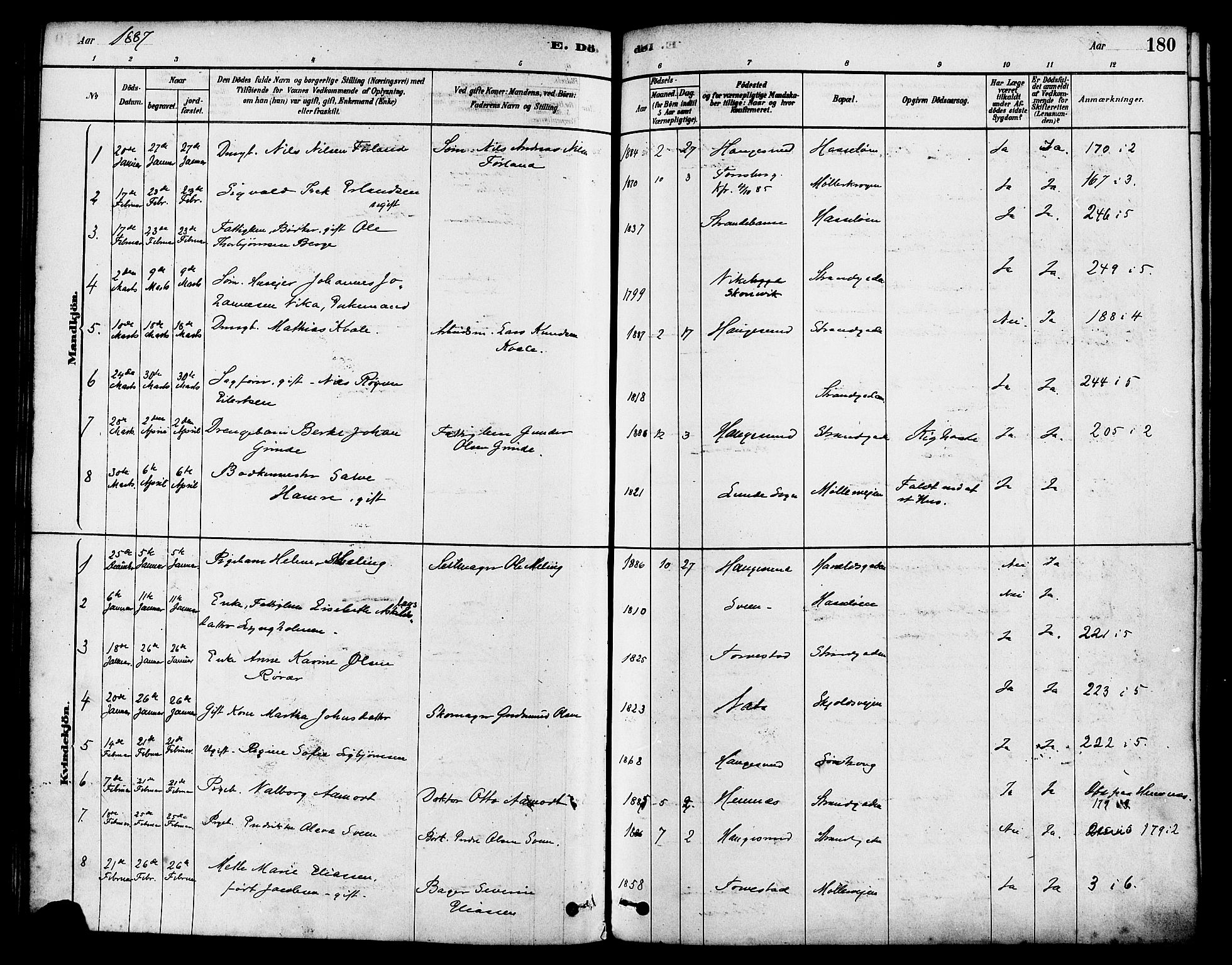 Haugesund sokneprestkontor, AV/SAST-A -101863/H/Ha/Haa/L0003: Parish register (official) no. A 3, 1885-1890, p. 180