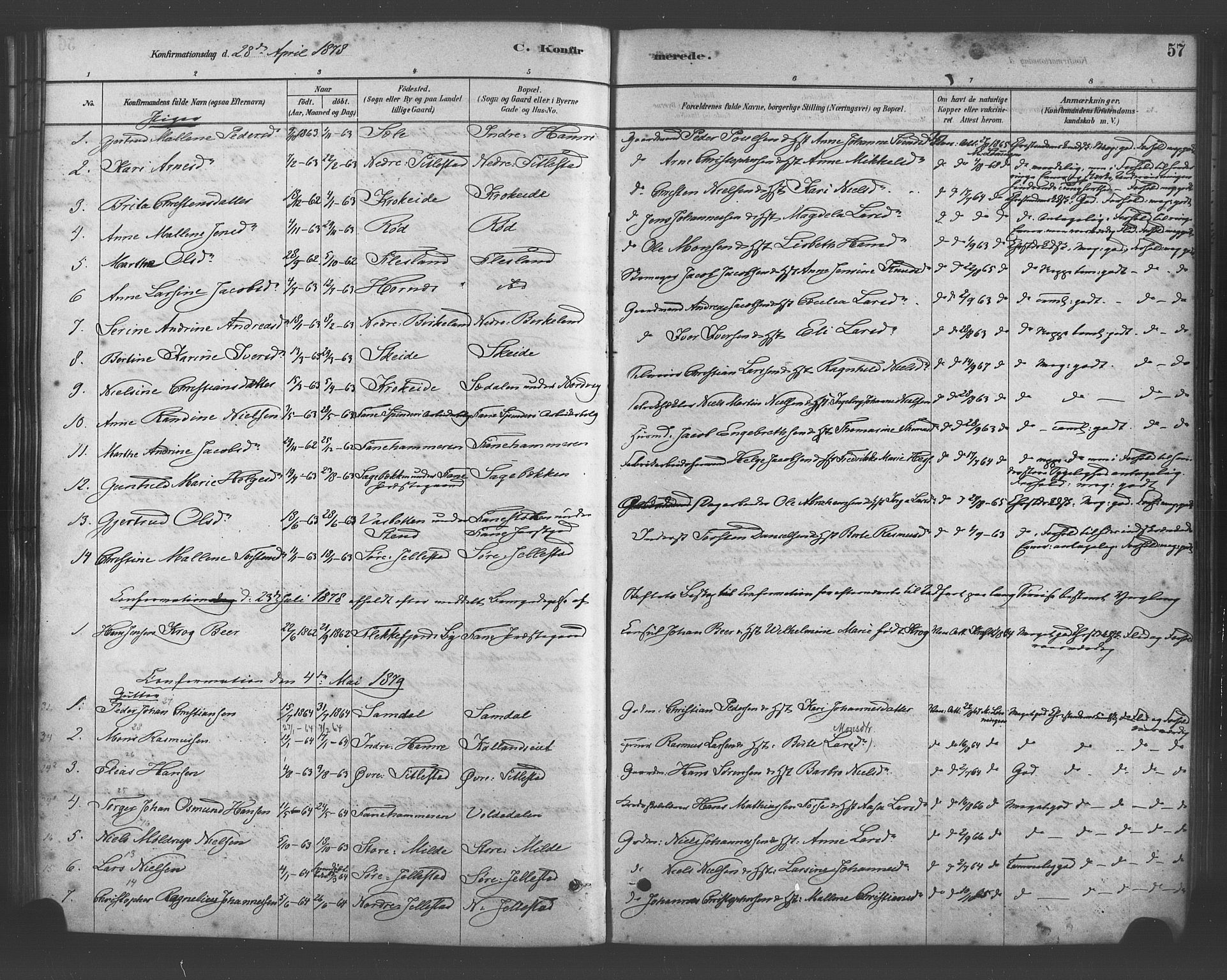 Fana Sokneprestembete, SAB/A-75101/H/Haa/Haab/L0001: Parish register (official) no. B 1, 1878-1889, p. 57