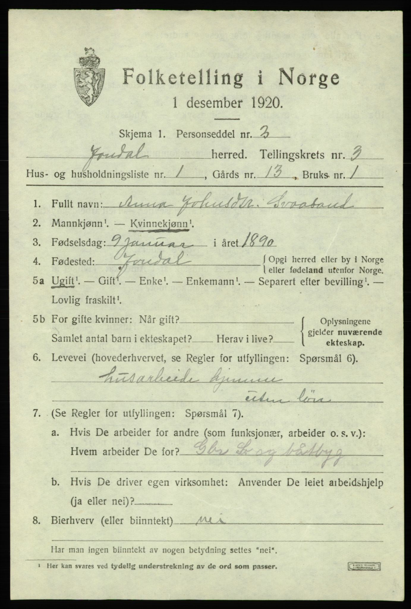 SAB, 1920 census for Jondal, 1920, p. 1750