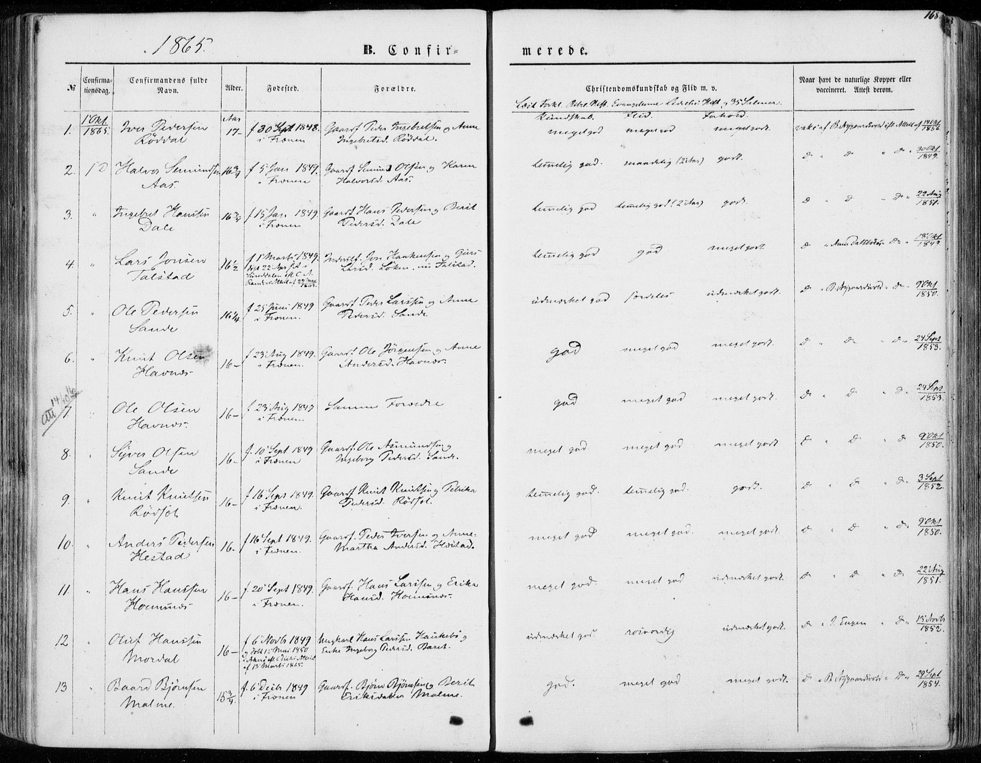 Ministerialprotokoller, klokkerbøker og fødselsregistre - Møre og Romsdal, SAT/A-1454/565/L0748: Parish register (official) no. 565A02, 1845-1872, p. 168