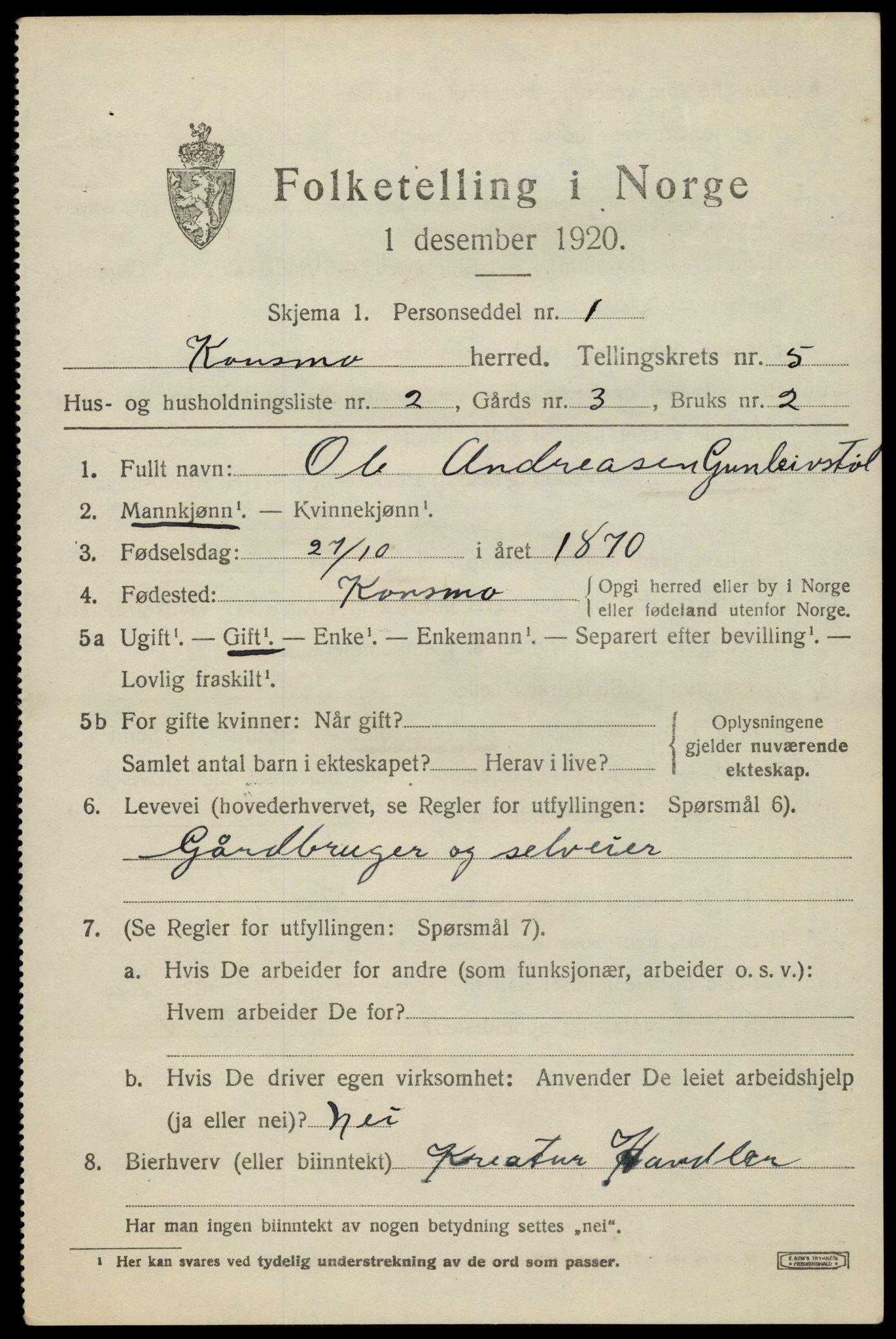 SAK, 1920 census for Konsmo, 1920, p. 1280