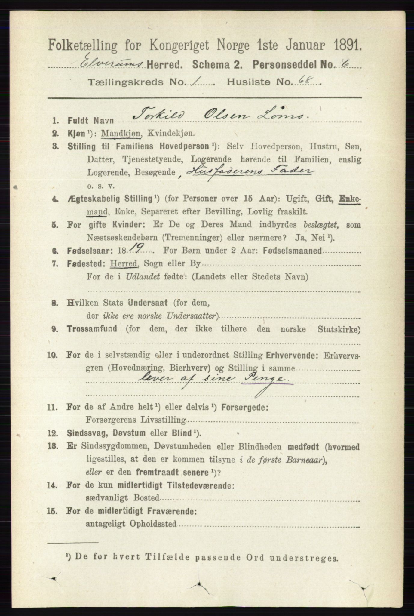 RA, 1891 census for 0427 Elverum, 1891, p. 595