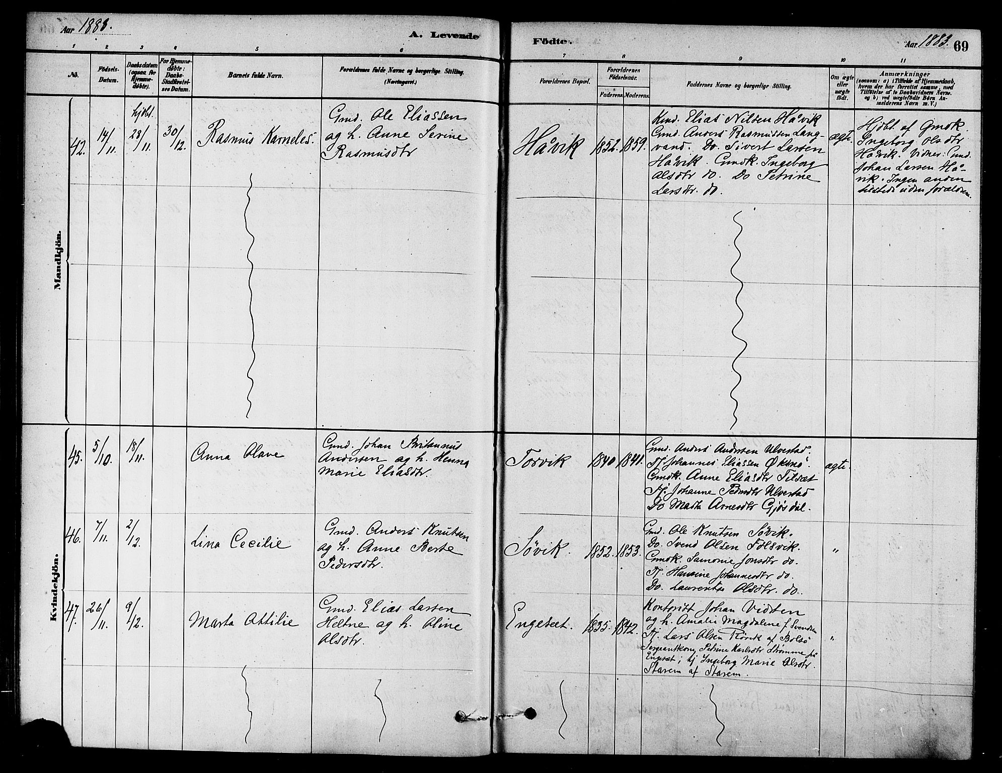 Ministerialprotokoller, klokkerbøker og fødselsregistre - Møre og Romsdal, SAT/A-1454/511/L0141: Parish register (official) no. 511A08, 1878-1890, p. 69