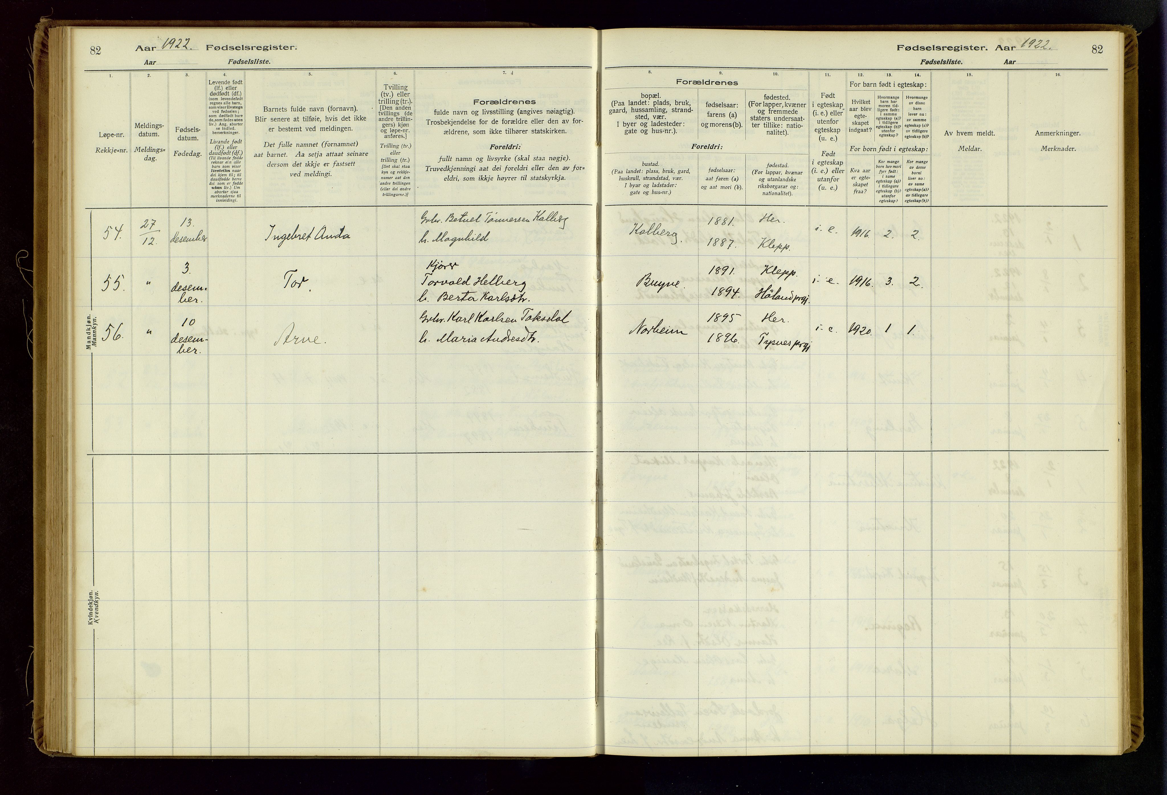 Time sokneprestkontor, SAST/A-101795/001/704BA/L0001: Birth register no. 1, 1916-1934, p. 82