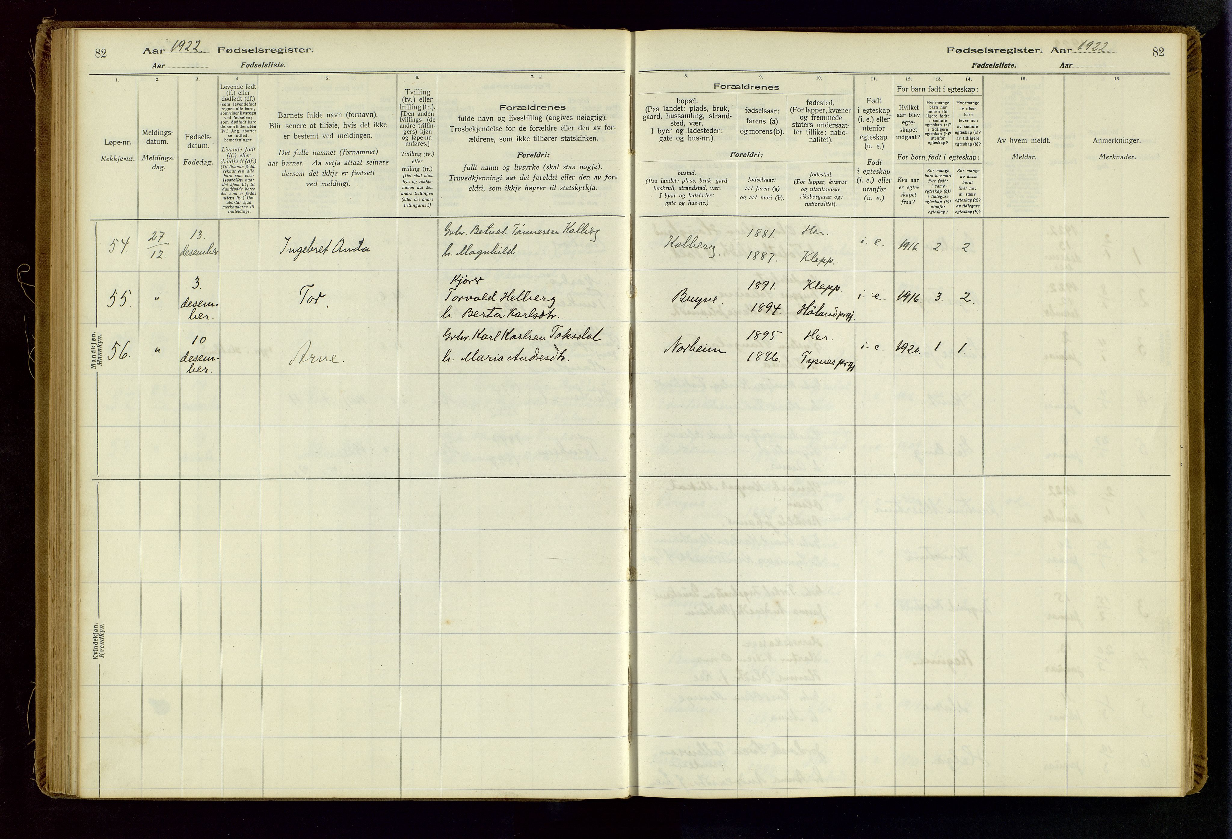 Time sokneprestkontor, AV/SAST-A-101795/001/704BA/L0001: Birth register no. 1, 1916-1934, p. 82