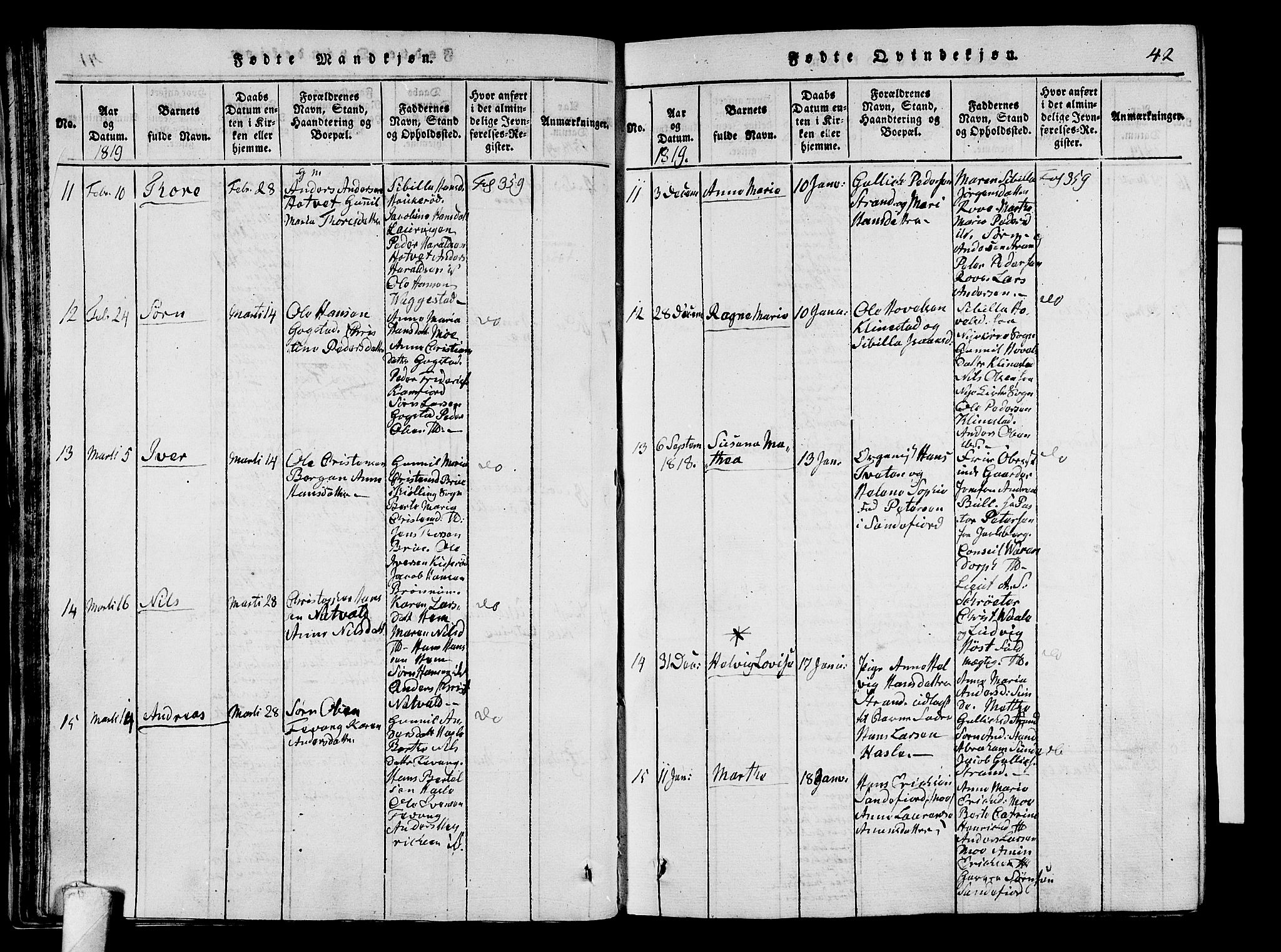 Sandar kirkebøker, AV/SAKO-A-243/G/Ga/L0001: Parish register (copy) no. 1, 1814-1835, p. 42