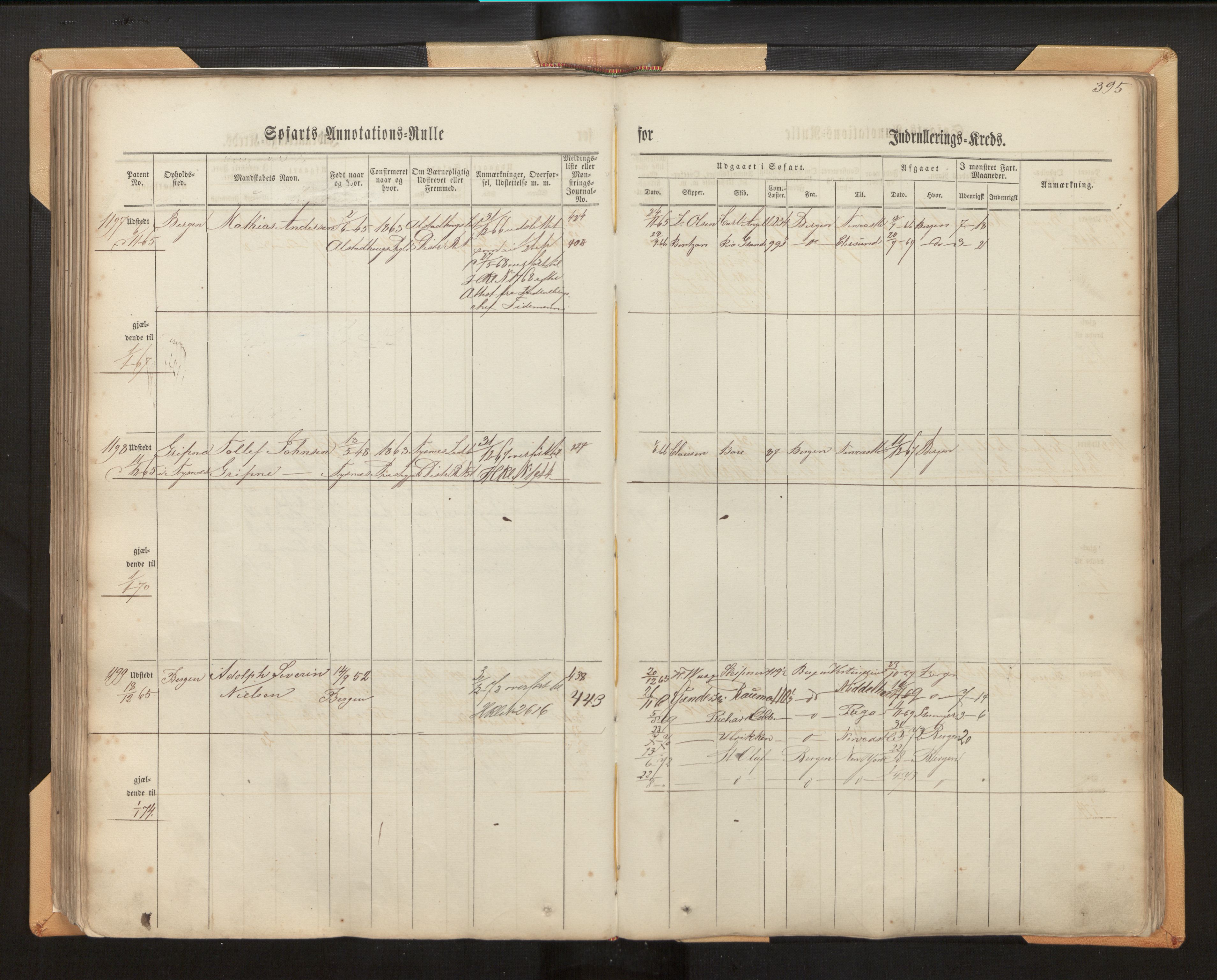 Innrulleringssjefen i Bergen, AV/SAB-A-100050/F/Fh/L0006: Sjøfarts- og annotasjonsrulle for Bergen krets, fol. 239 - ut, 1860-1867, p. 395