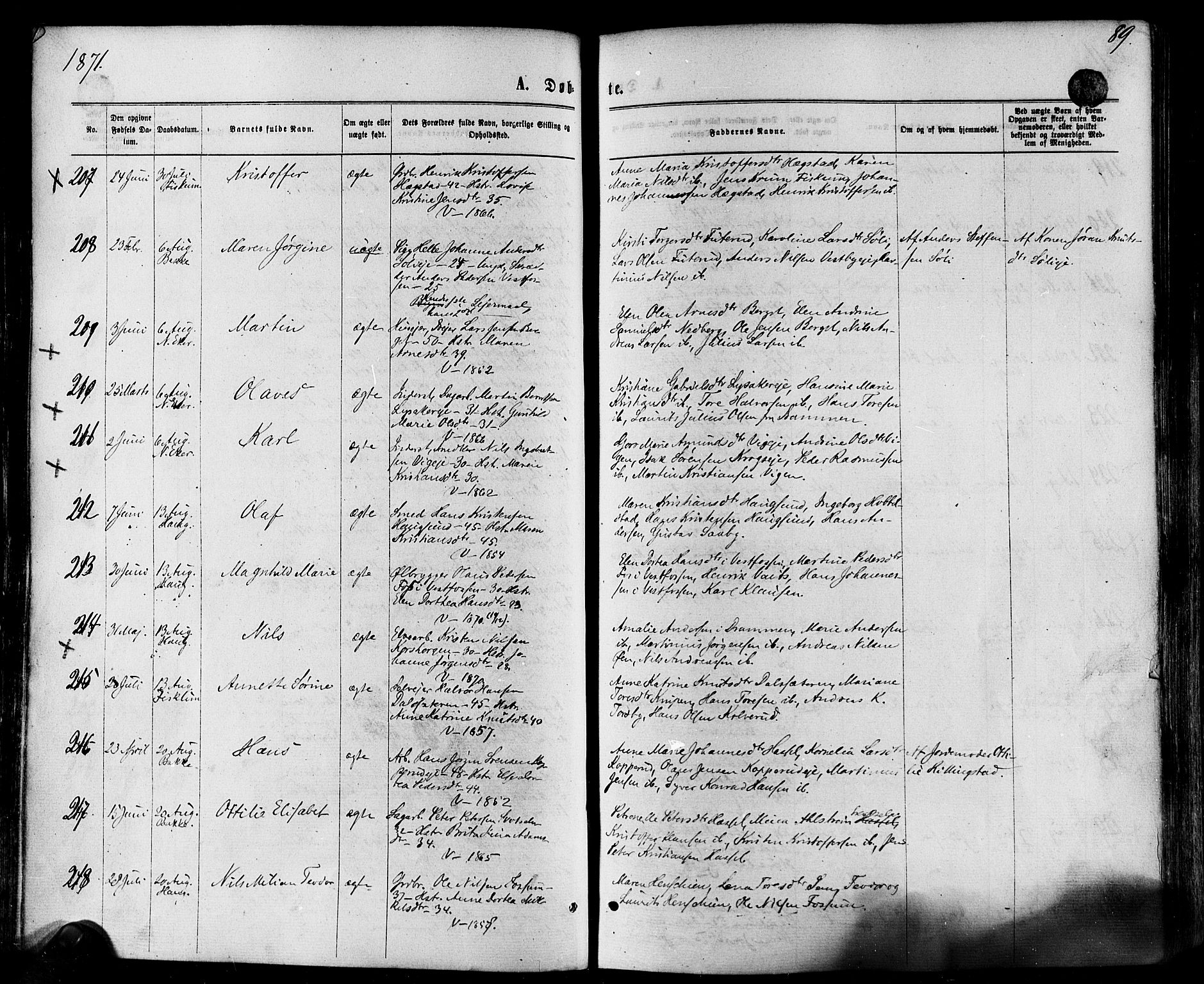 Eiker kirkebøker, AV/SAKO-A-4/F/Fa/L0017: Parish register (official) no. I 17, 1869-1877, p. 89