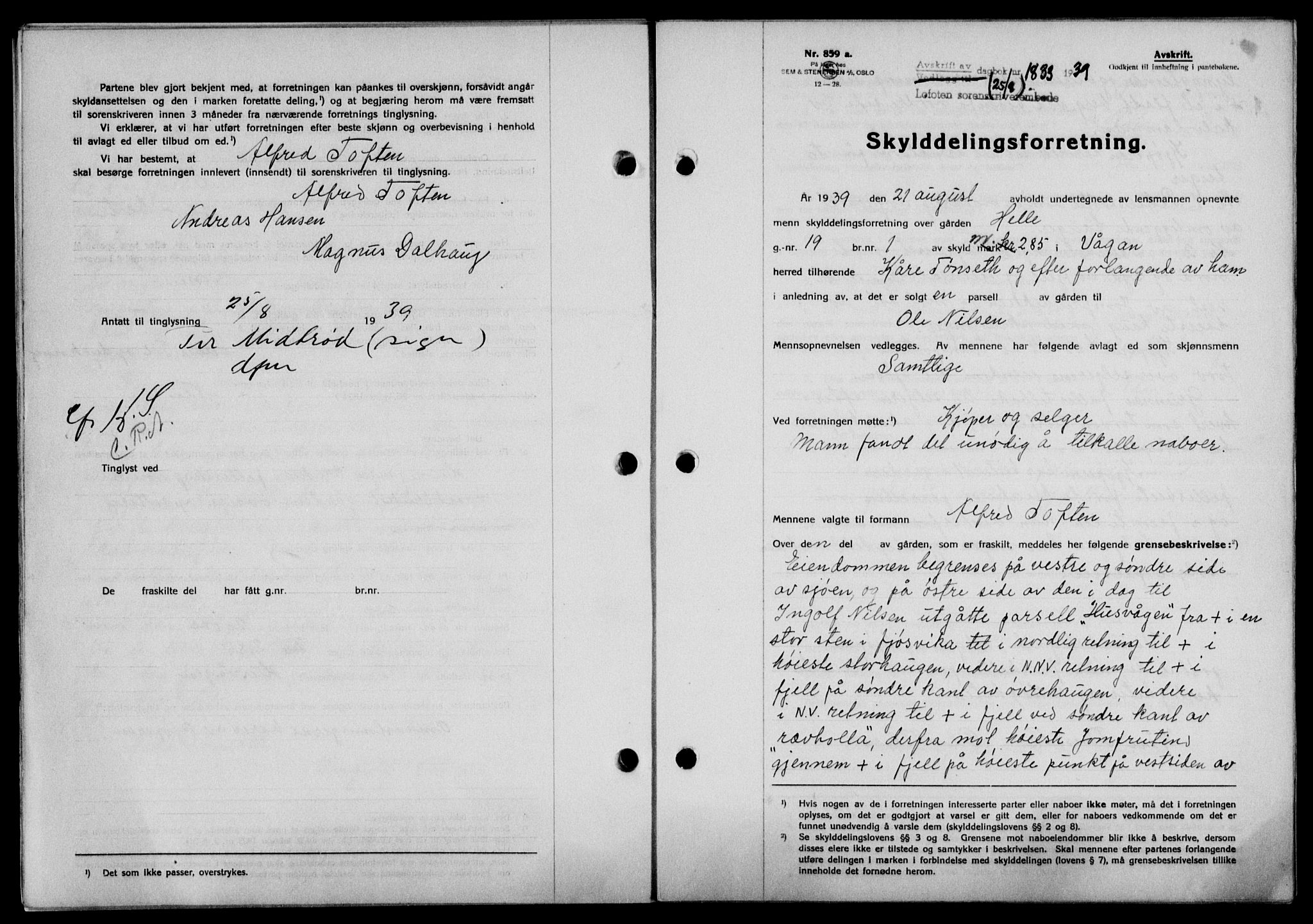 Lofoten sorenskriveri, SAT/A-0017/1/2/2C/L0006a: Mortgage book no. 6a, 1939-1939, Diary no: : 1833/1939