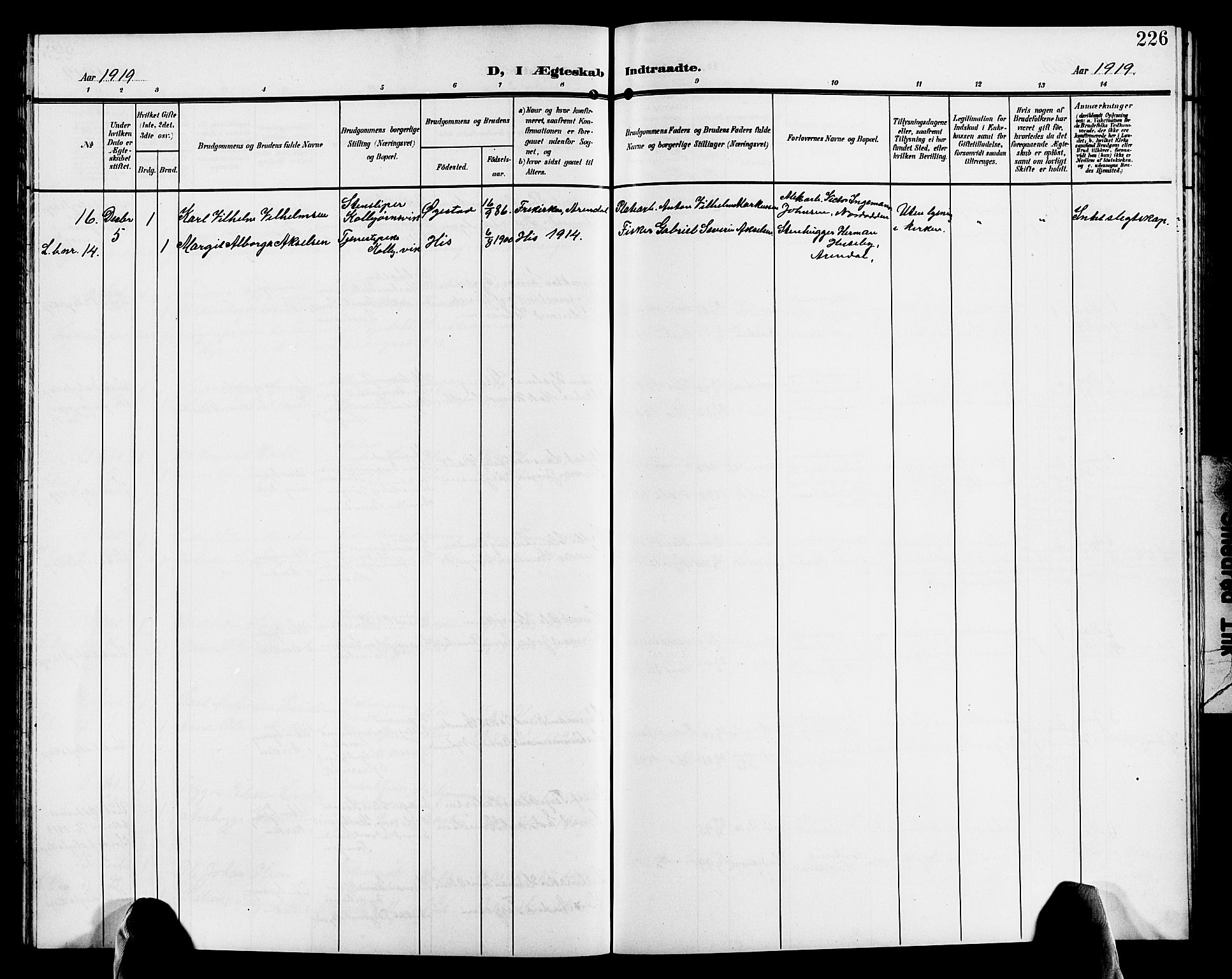 Hisøy sokneprestkontor, AV/SAK-1111-0020/F/Fb/L0004: Parish register (copy) no. B 4, 1905-1923, p. 226