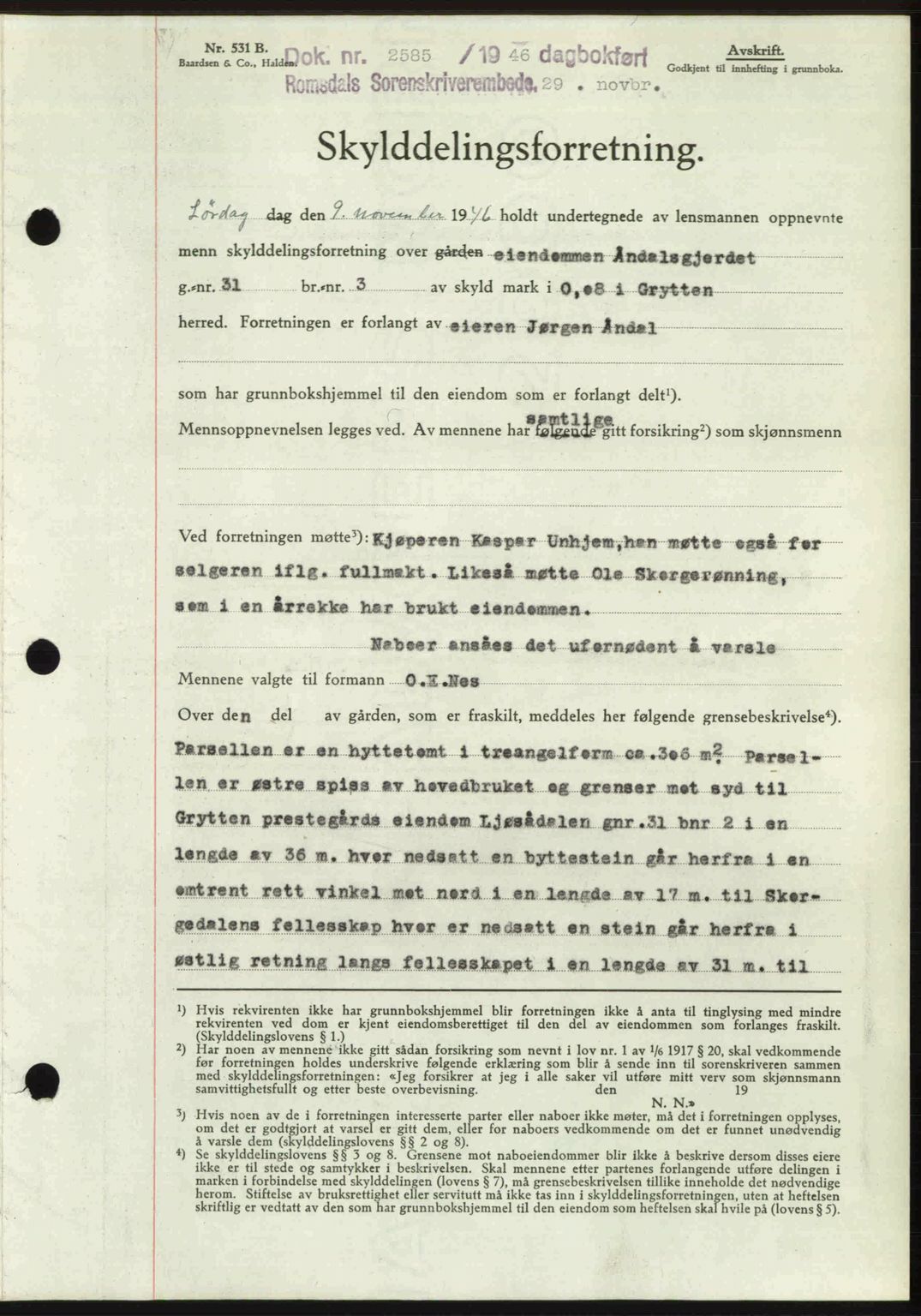 Romsdal sorenskriveri, AV/SAT-A-4149/1/2/2C: Mortgage book no. A21, 1946-1946, Diary no: : 2585/1946