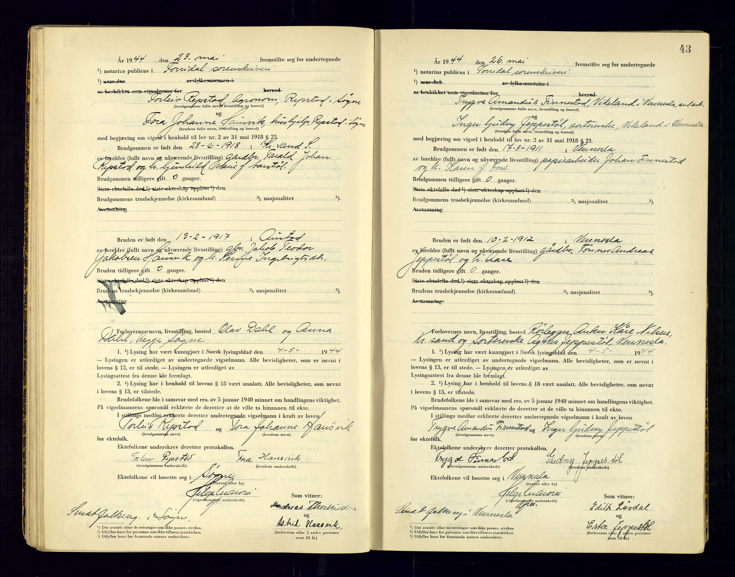 Torridal sorenskriveri, AV/SAK-1221-0012/L/Ld/L0004: Vigselbok nr. 2, 1943-1946, p. 43