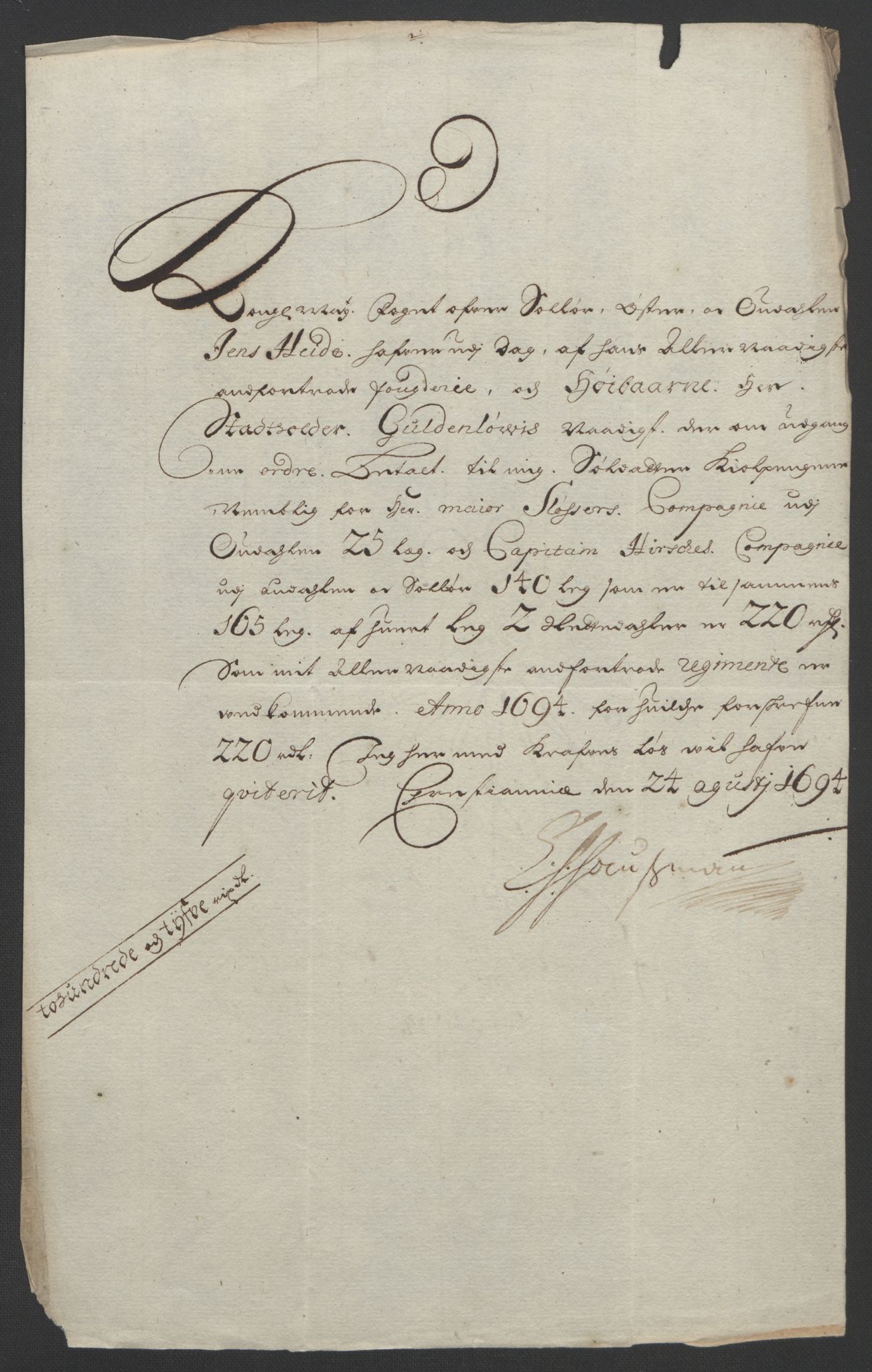 Rentekammeret inntil 1814, Reviderte regnskaper, Fogderegnskap, RA/EA-4092/R13/L0832: Fogderegnskap Solør, Odal og Østerdal, 1694, p. 316