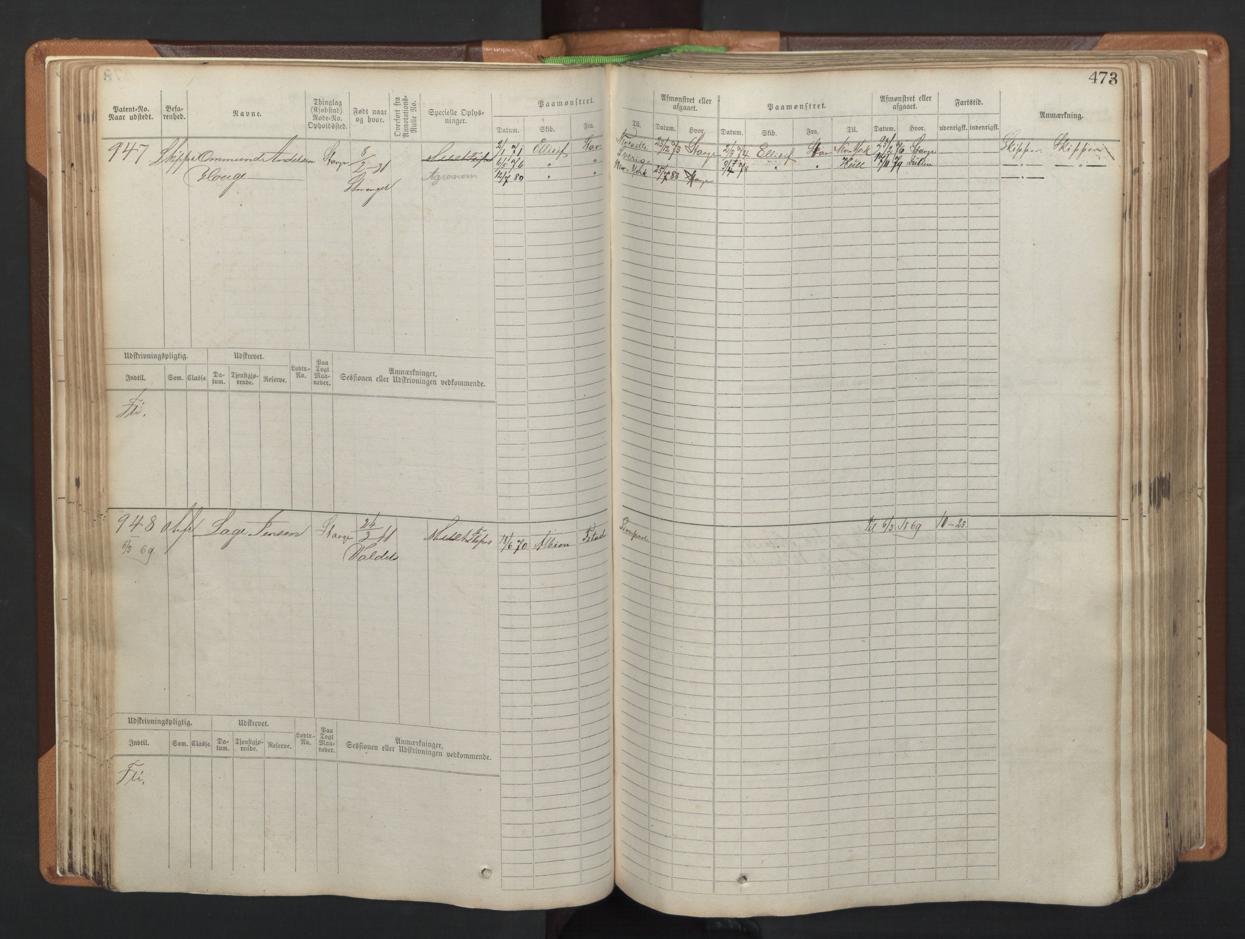 Stavanger sjømannskontor, AV/SAST-A-102006/F/Fb/Fbb/L0005: Sjøfartshovedrulle, patentnr. 793-1606 (del 2), 1869-1880, p. 83