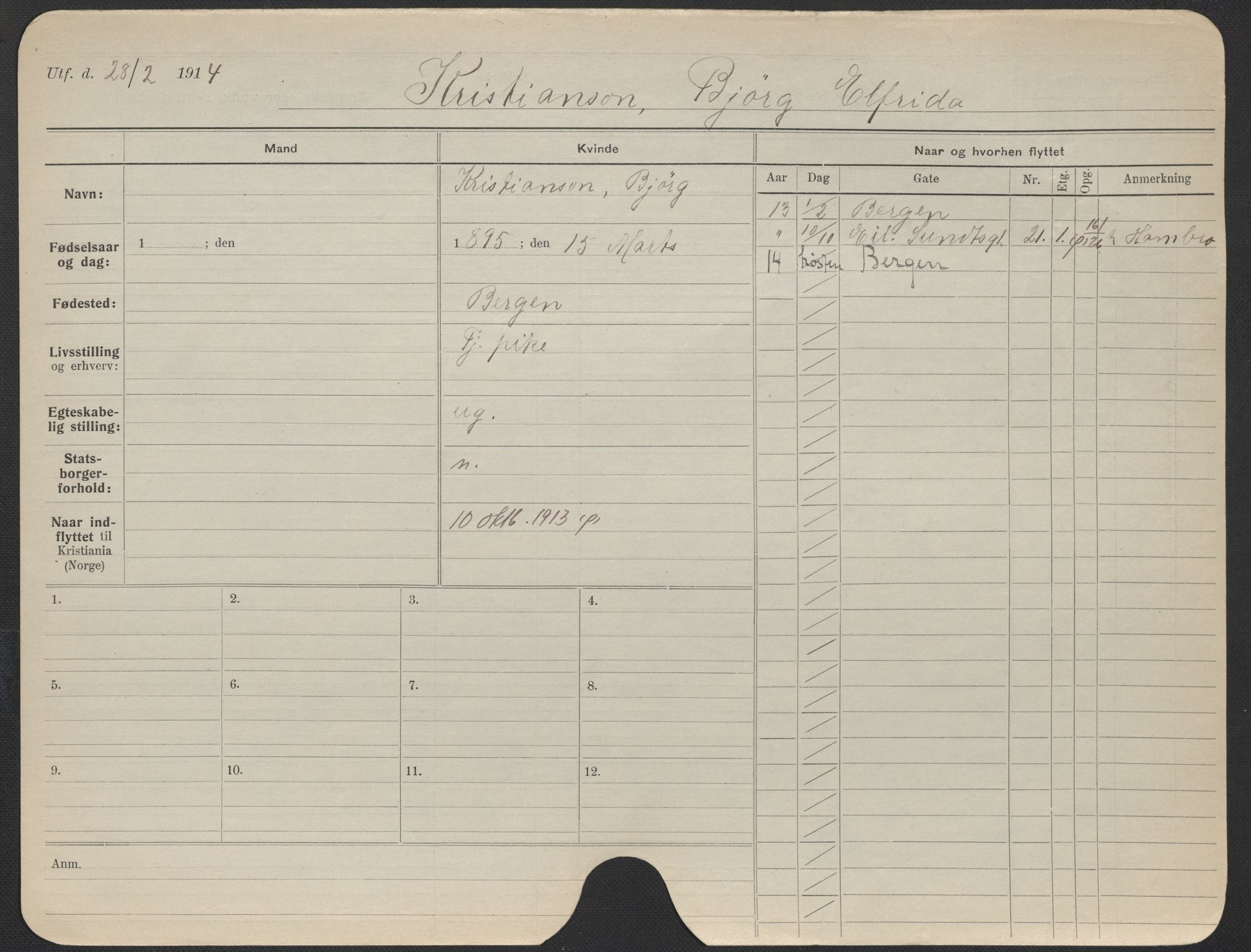 Oslo folkeregister, Registerkort, AV/SAO-A-11715/F/Fa/Fac/L0019: Kvinner, 1906-1914, p. 250a