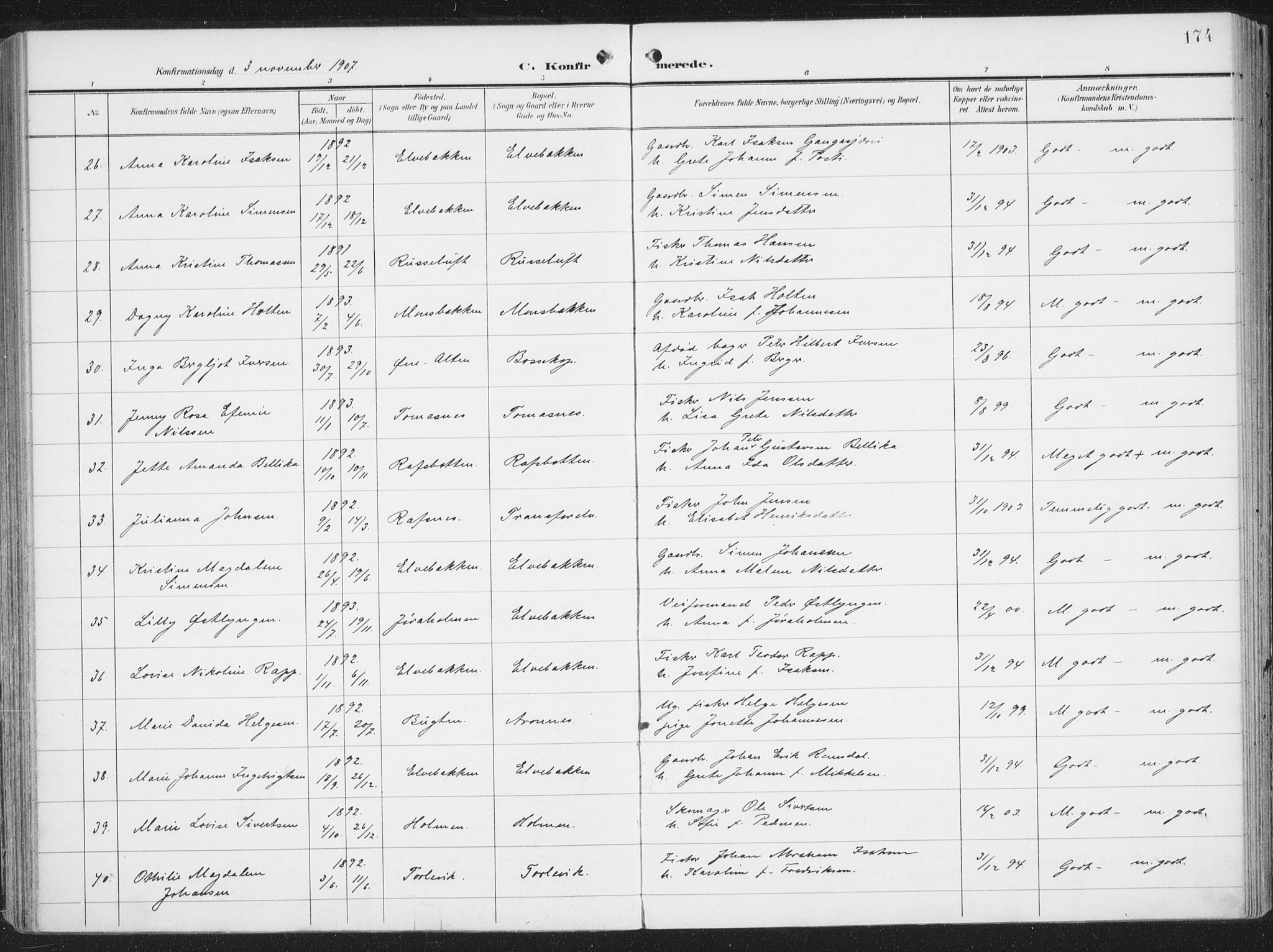 Alta sokneprestkontor, SATØ/S-1338/H/Ha/L0005.kirke: Parish register (official) no. 5, 1904-1918, p. 174
