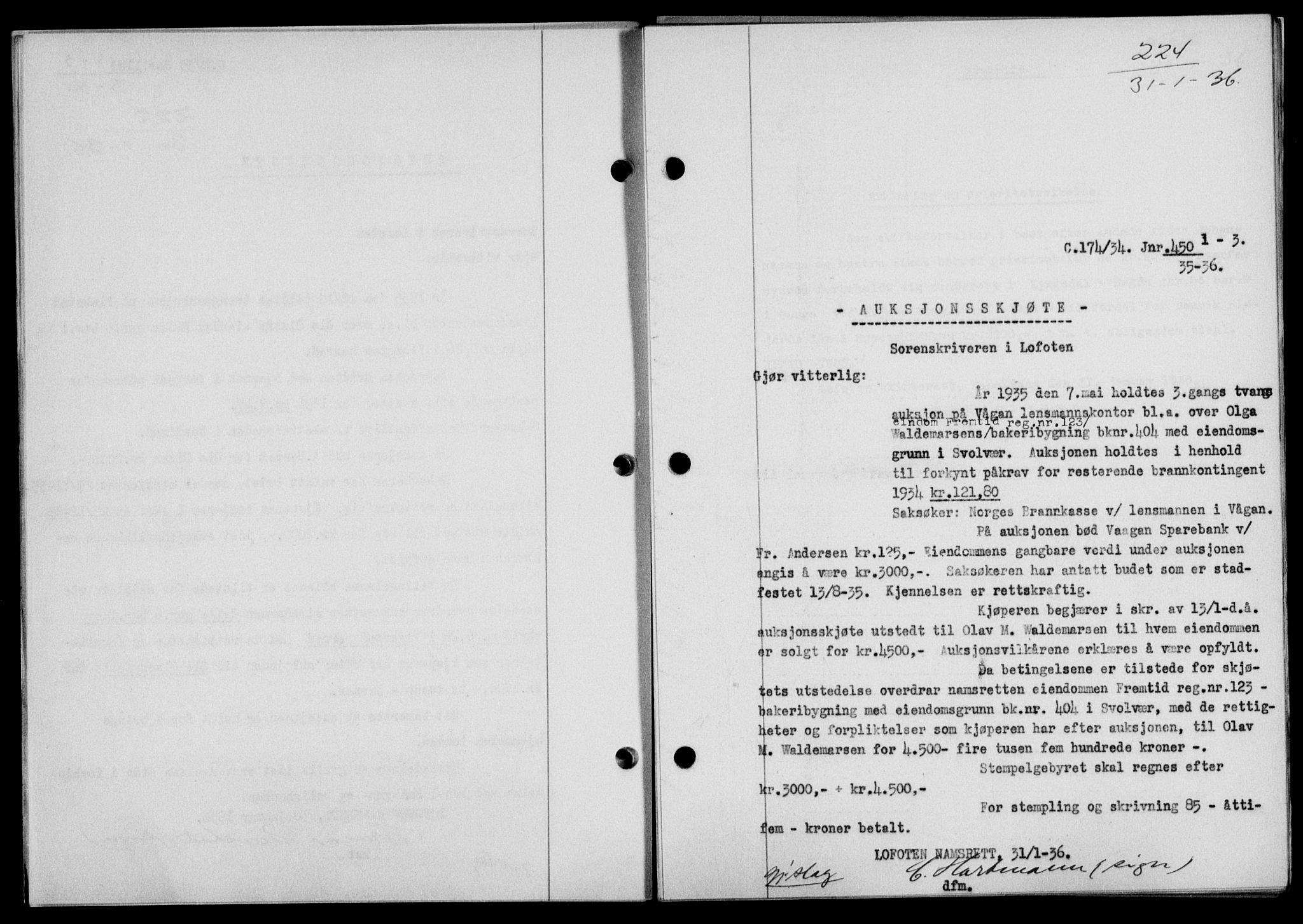 Lofoten sorenskriveri, SAT/A-0017/1/2/2C/L0033b: Mortgage book no. 33b, 1936-1936, Diary no: : 224/1936
