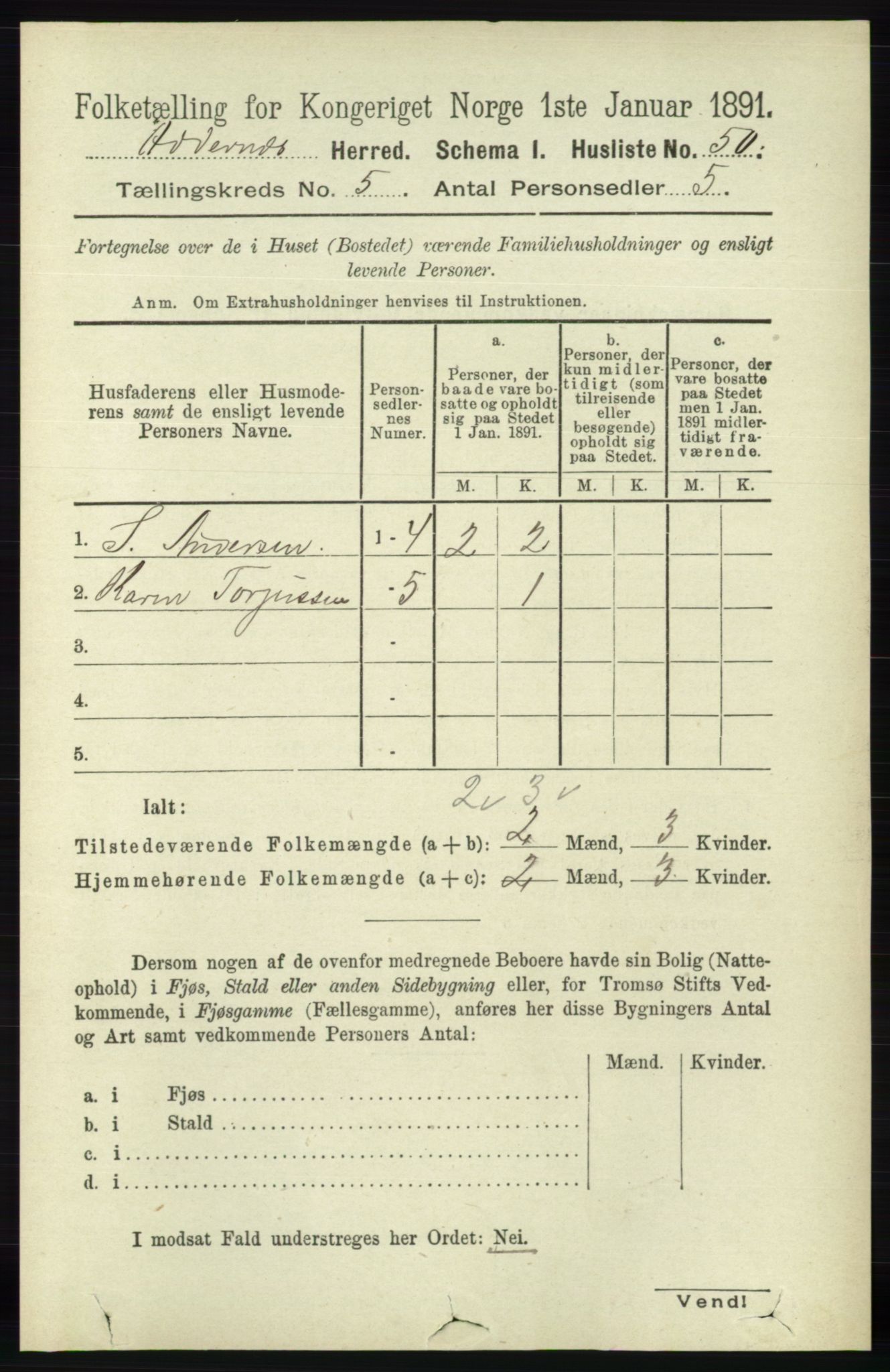 RA, 1891 census for 1012 Oddernes, 1891, p. 1760