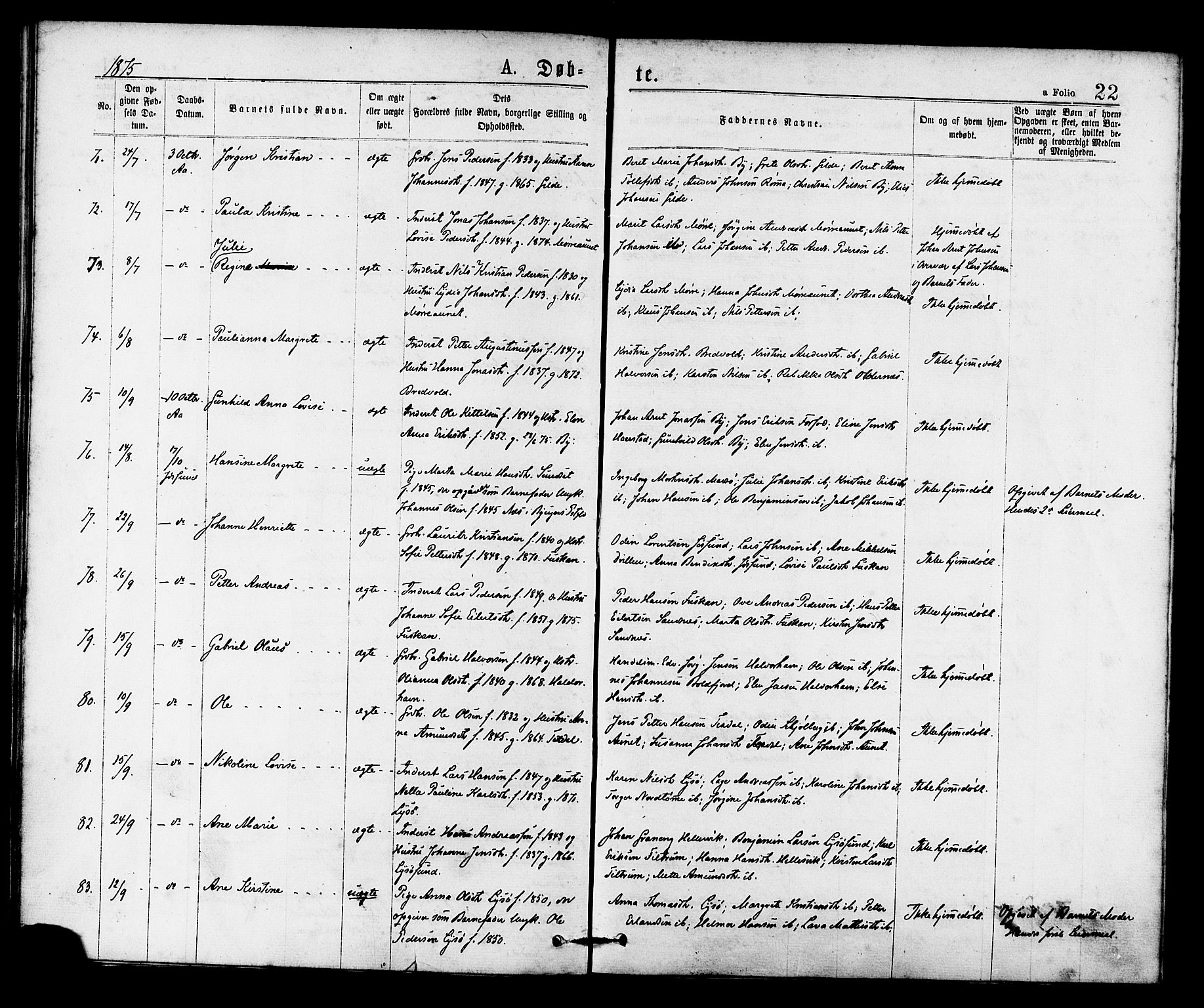 Ministerialprotokoller, klokkerbøker og fødselsregistre - Sør-Trøndelag, SAT/A-1456/655/L0679: Parish register (official) no. 655A08, 1873-1879, p. 22