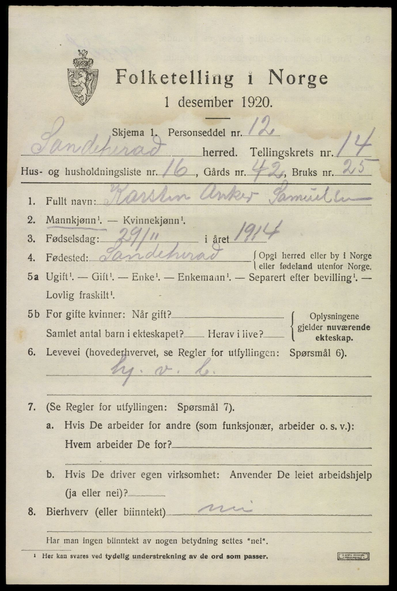 SAKO, 1920 census for Sandeherred, 1920, p. 20432