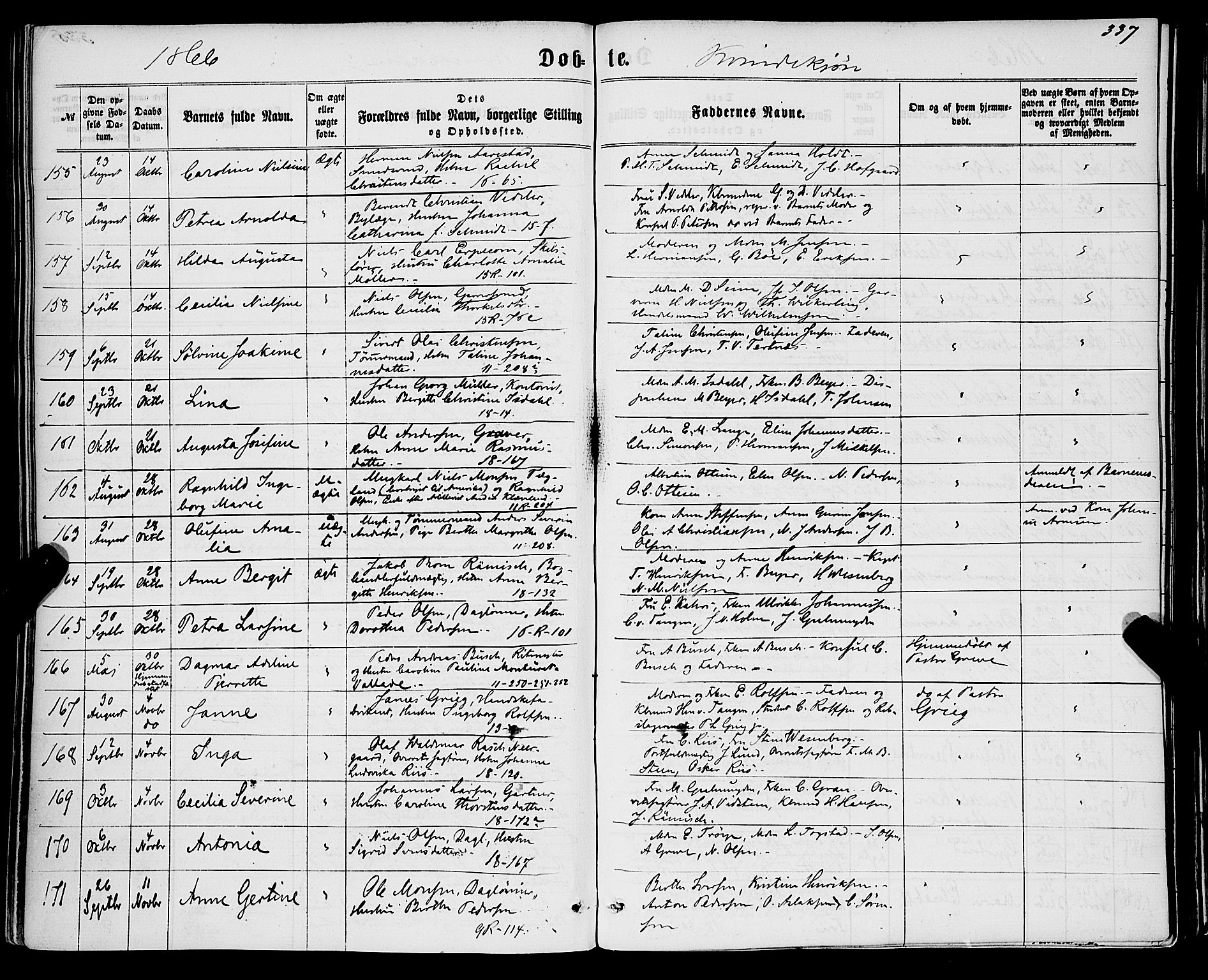 Domkirken sokneprestembete, SAB/A-74801/H/Haa/L0021: Parish register (official) no. B 4, 1859-1871, p. 337