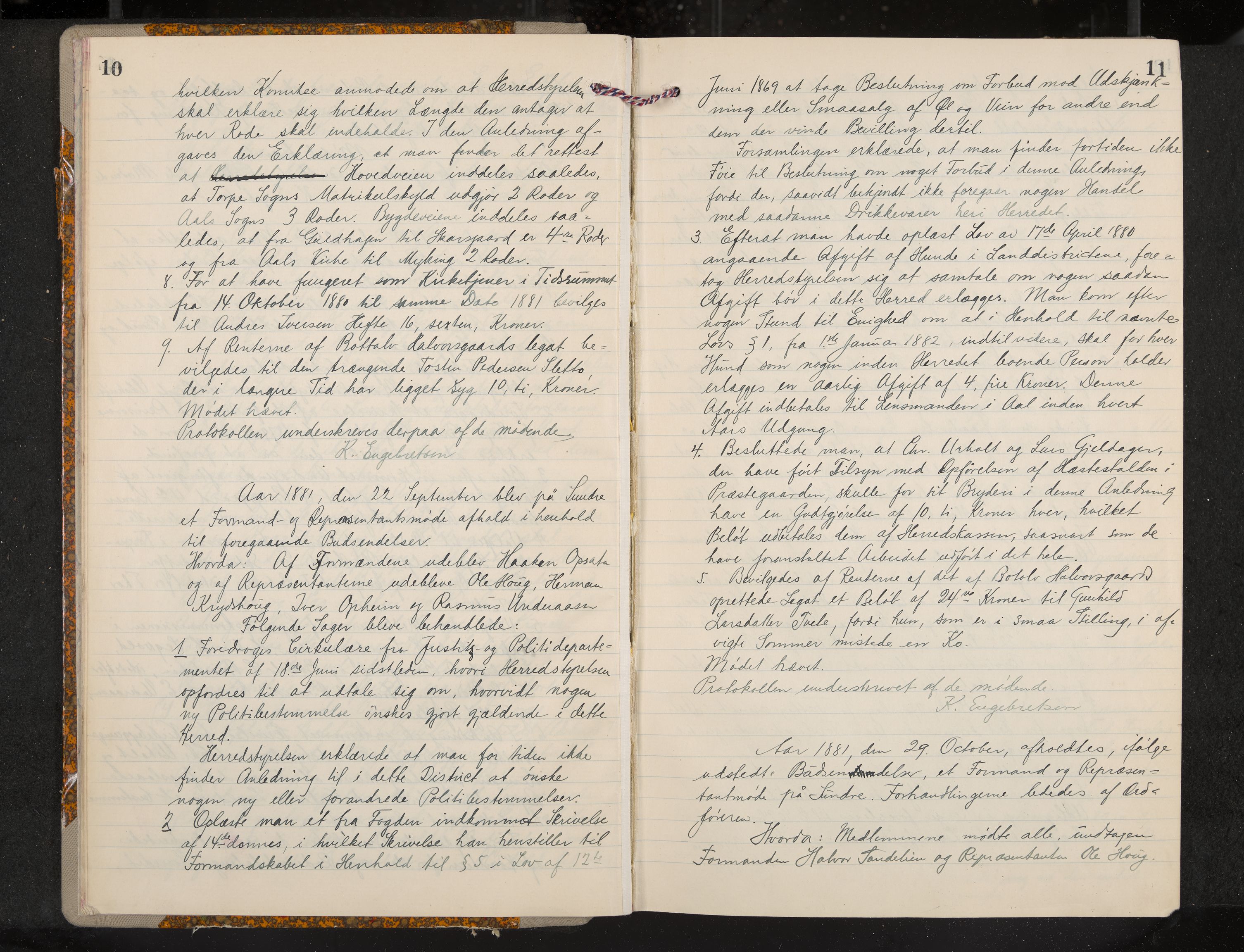 Ål formannskap og sentraladministrasjon, IKAK/0619021/A/Aa/L0004: Utskrift av møtebok, 1881-1901, p. 10-11