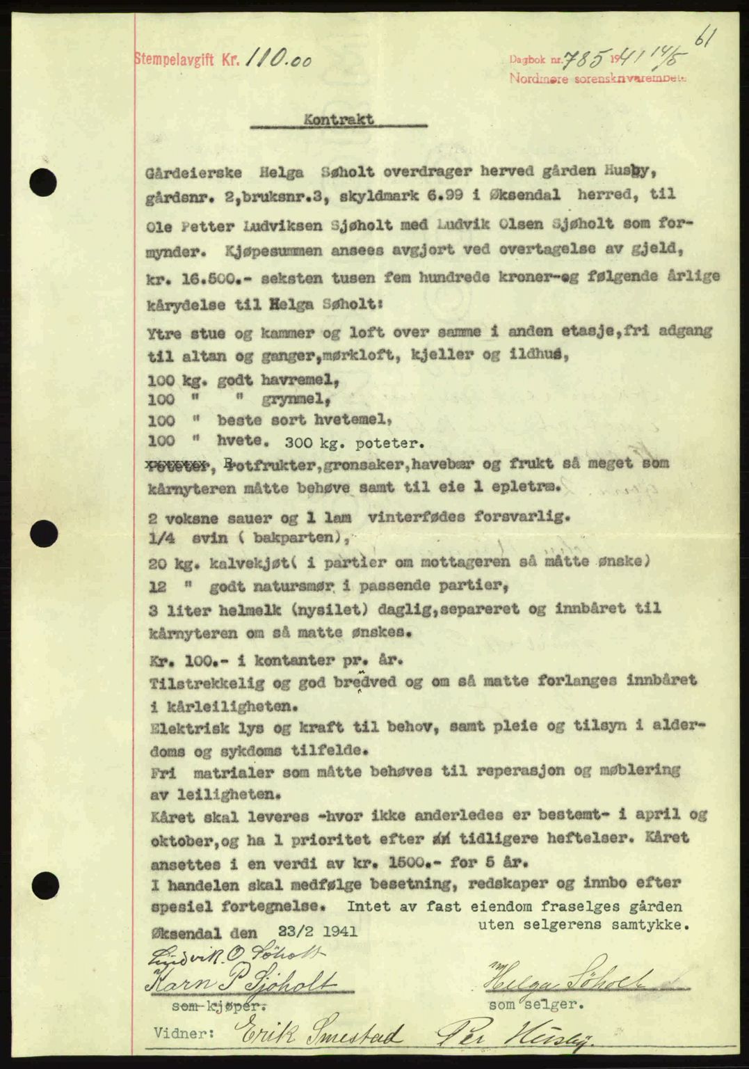 Nordmøre sorenskriveri, AV/SAT-A-4132/1/2/2Ca: Mortgage book no. A90, 1941-1941, Diary no: : 785/1941